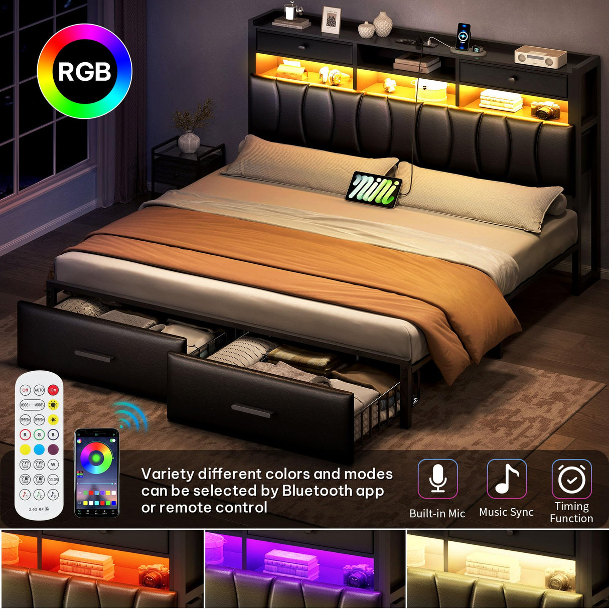 YITAHOME King Size with 2 Storage Drawers and Charging Station, Upholstered Bed with Storage Headboard and LED Light, Heavy Duty Metal Frame Support, No Box Spring Needed, Noise Free, PU Leather Black YITAHOME