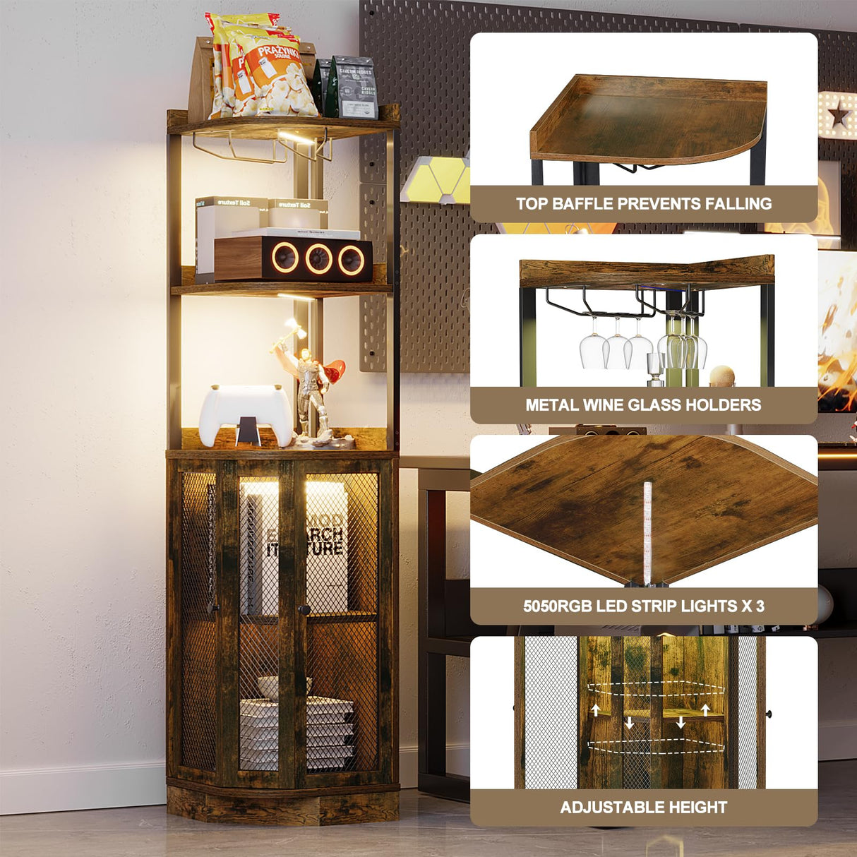 EOYUTLLY Corner Bar Cabinet With Power Outlet and LED Strip, 65" H 5-Tier Liquor Wine Display for Home, Storage Solution for Living Room, Kitchen, Home Bar, Brown EOYUTLLY