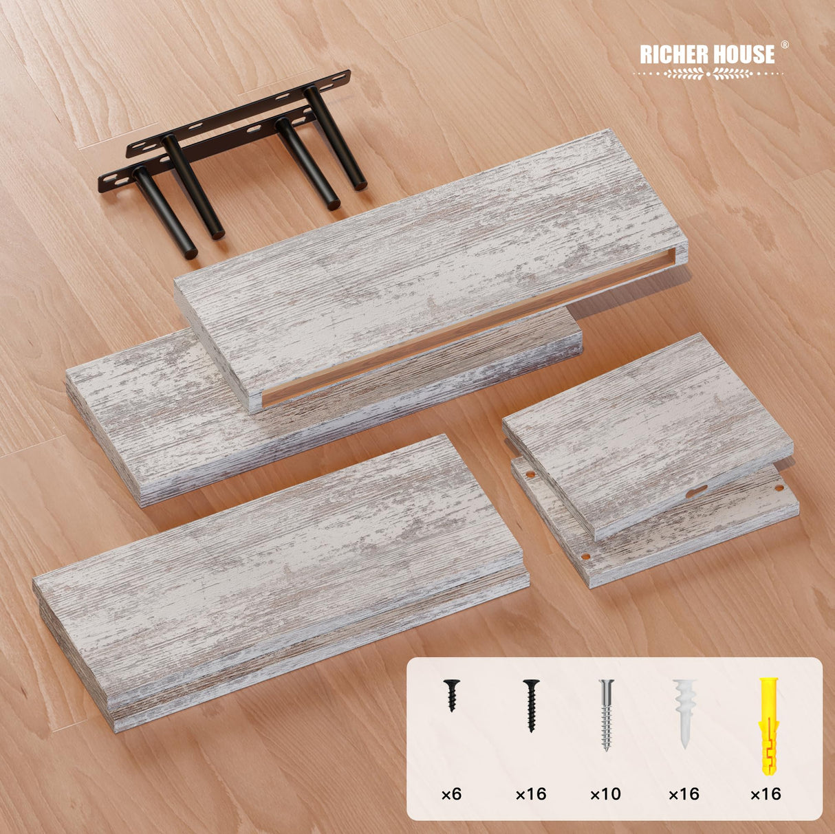 RICHER HOUSE Floating Shelves Set of 3, Farmhouse Bathroom Shelves Wall Mounted Shelves with Invisible Brackets Over Toilet, Wall Shelves for Bathroom Bedroom, Living Room, Kitchen - Rustic White RICHER HOUSE