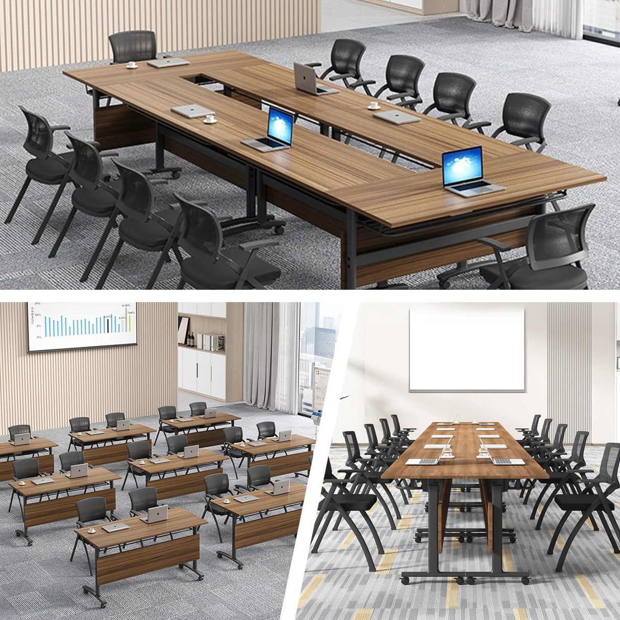Folding Conference Table,Super Sturdy Large Rectangle Meeting Seminar Table for 12 Person,Mobile Conference Room Tables with Wheels,Modular Long Business Training Tables,Modern Office Seminar Tables VORDERRY