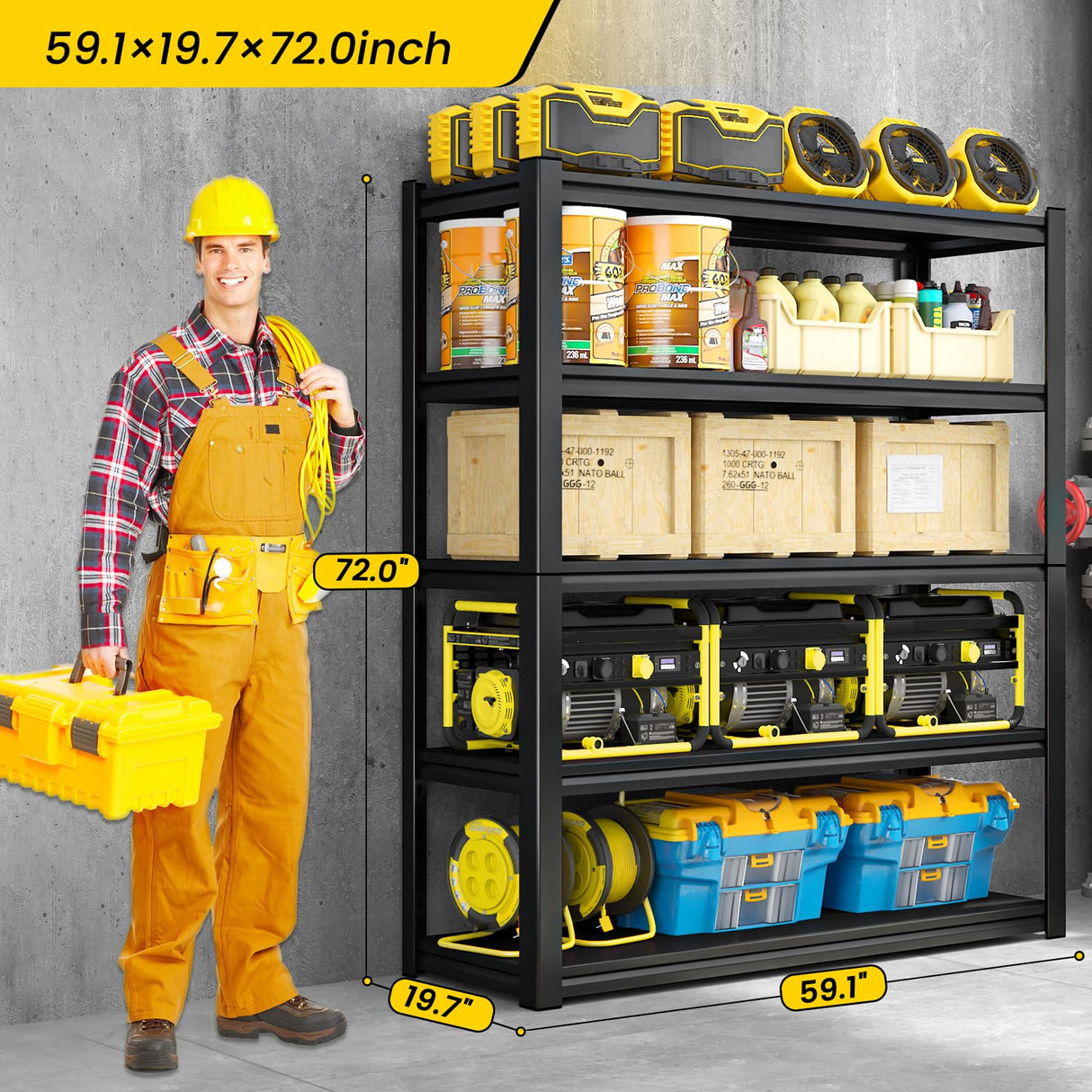 LLIIFFEE 72" H|59.1" W Storage Shelves Heavy Duty Adjustable 5 Tier Garage Shelving 3000 lbs Metal Shelf Industrial Utility Rack for Warehouse, Pantry, Basement, Workshop Storage & Organization LLIIFFEE