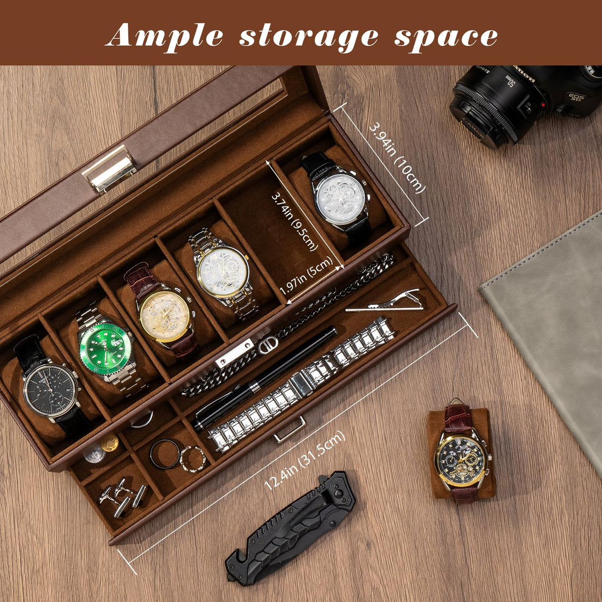 ProCase Watch Box for Men, 6 Slot Watch Display Case with Drawer, Mens Watch Case With Glass Lid, 2-Layer Jewelry and Watch Storage Watch Holder Organizer for Men Women -6 Slot, Espresso ProCase