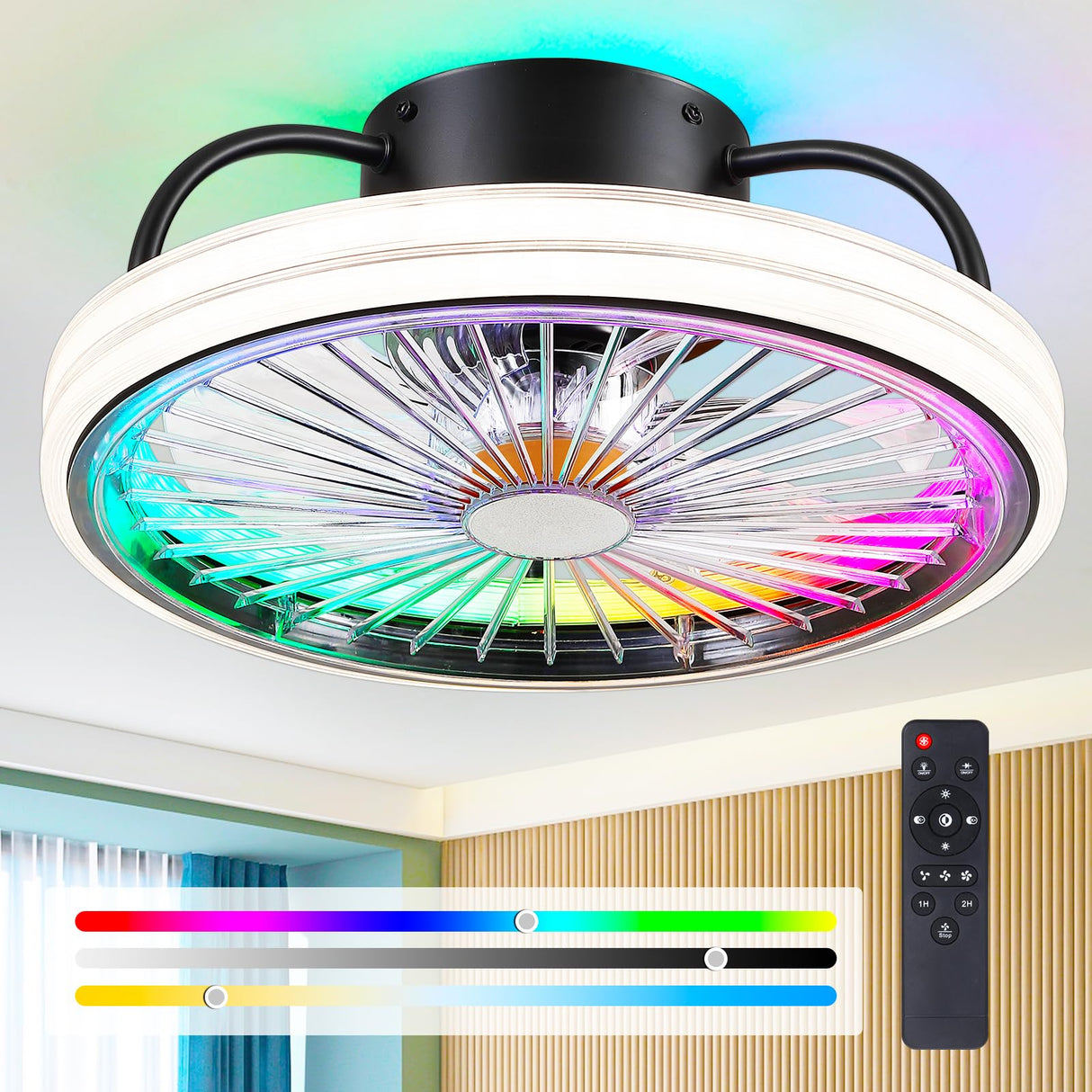 Low Profile Ceiling Fan with Light - Modern Flush Mount Ceiling Fan,15" RGB Dimmable LED Enclosed Ceiling Fans,Modern Bladeless LED-RGB Ambient Light for Bedroom Kids Room Party(Black) Mpayel