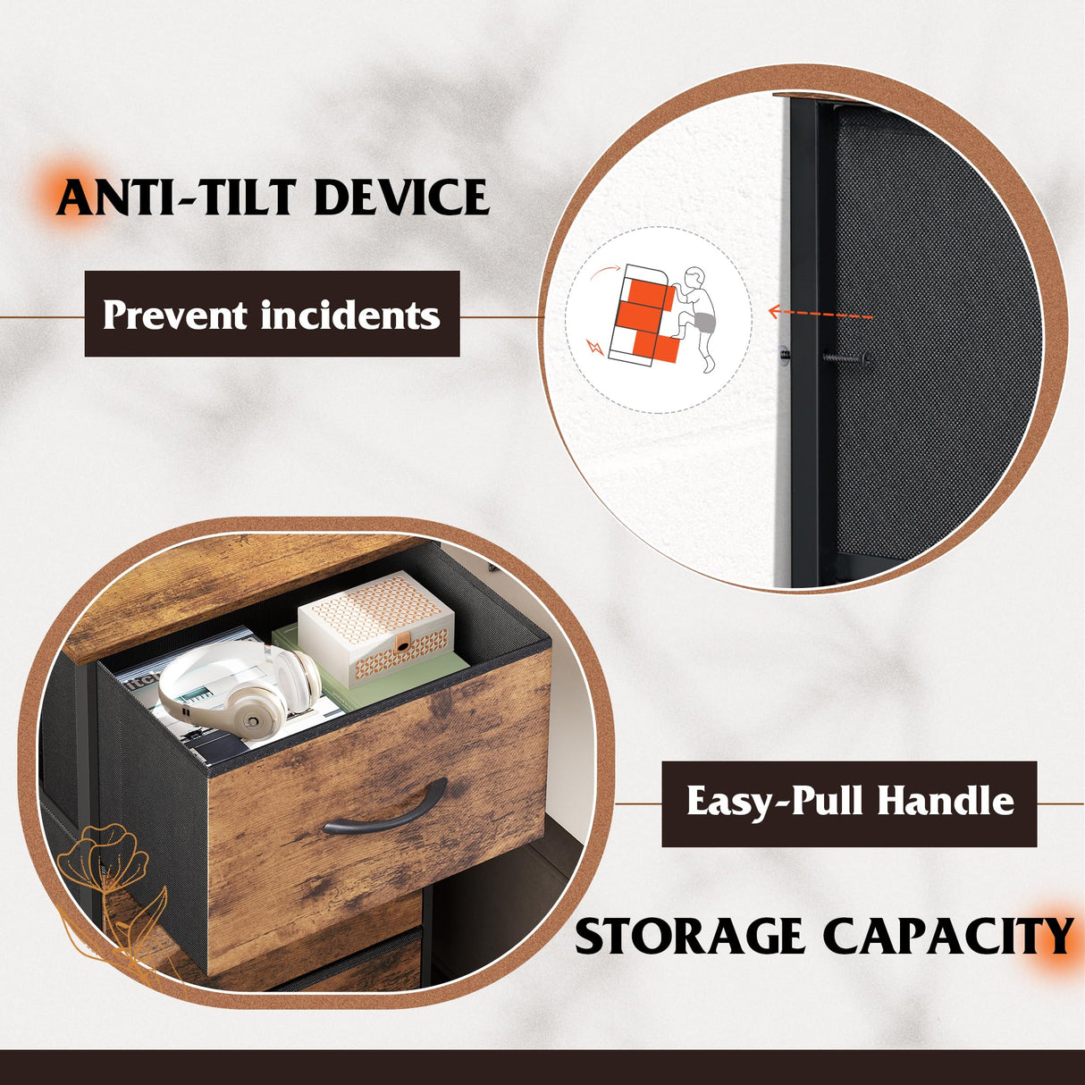 WLIVE Dresser with 3 Drawers, Fabric Nightstand, Organizer Storage Dresser for Bedroom, Hallway, Entryway, Closets, Sturdy Steel Frame, Wood Top, Easy Pull Handle, Rustic Brown Wood Grain Print WLIVE