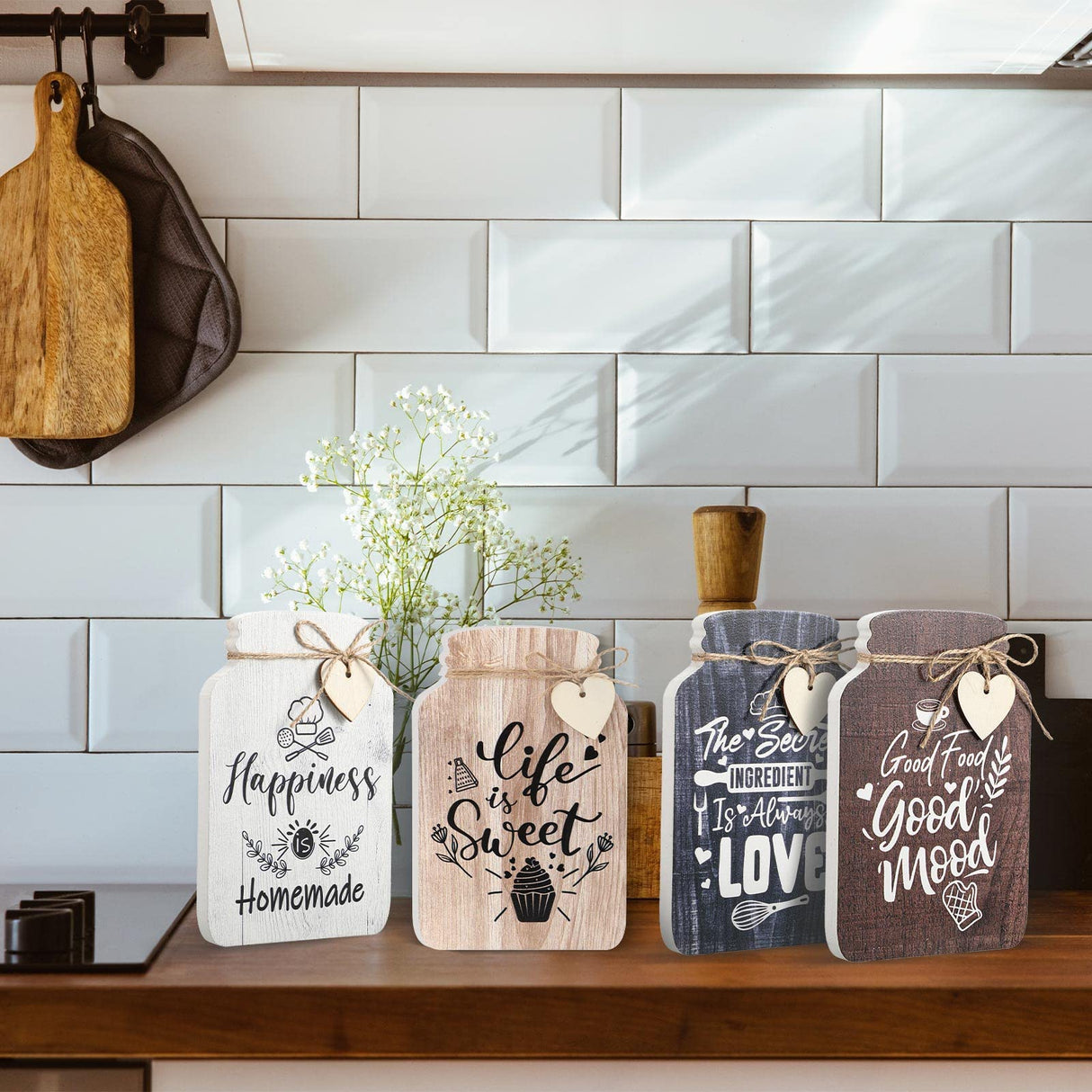Weysat 4 Pieces Kitchen Wall Decor Mason Jar Set 5 x 8 Inch Wooden Farmhouse Dining Room Art Rustic Inspirational Kitchen Signs Decorations Mason Jar Wall Hanging Plaque Weysat