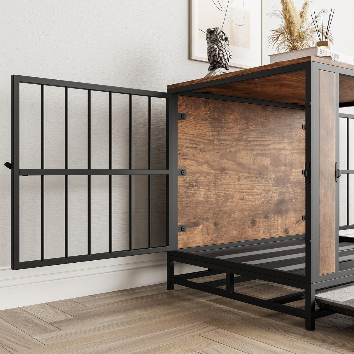 FOUBAM Dog Crate Furniture, Metal and Wooden Dog Crate, Dog Kennels with 3 Doors Indoor, Pet Puppy Crate End Table for Small Dog, Heavy Duty Dog House, Rustic Black and Brown FOUBAM