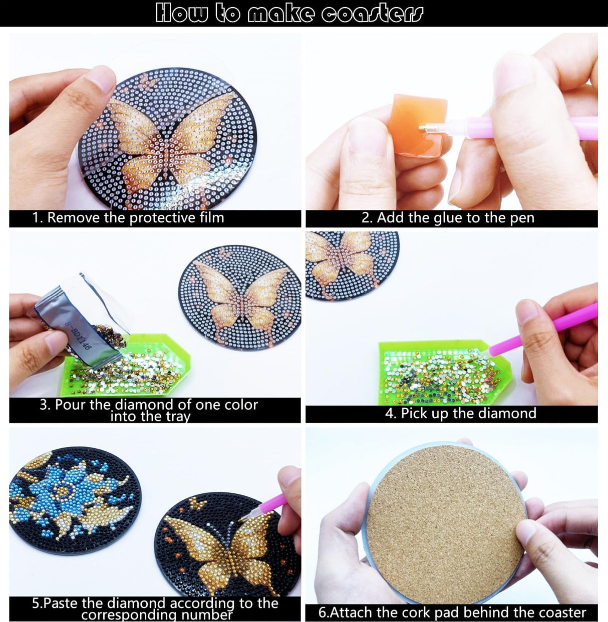 8 Pcs Butterfly Diamond Painting Coasters Kits with Holder,Diamond Art Coasters Set for Drinks Coffee Table, Gem Painting kit for Beginners Adults DIY Art Craft Gifts Black Gold Decors (Butterfly) Bulerrylulu