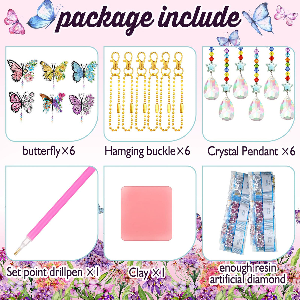 Tradder 6 Pcs Spring Butterfly Diamond Painting Wind Chimes Diamond Painting Suncatcher Art Kit Double Sided Butterfly Ornaments 5d Rhinestone for Spring Home Garden Tradder