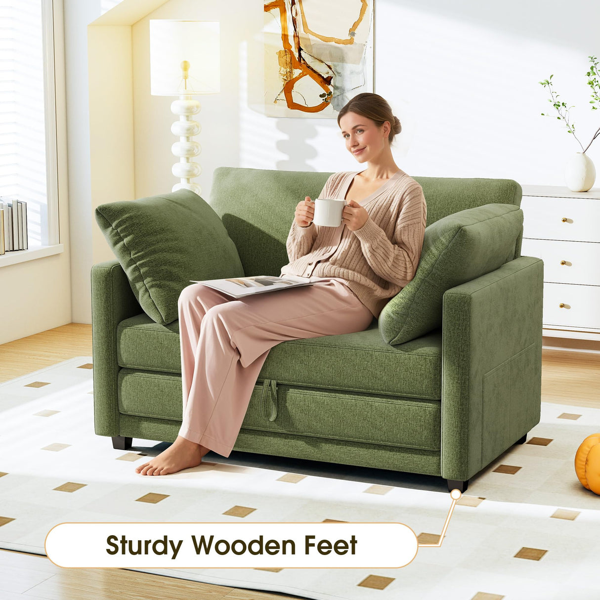 51" Convertible Loveseat Sofa Bed, 2 in1 Folding Sofa Bed, Loveseat Sleeper Sofa for Small Spaces, Fold Out Floor Couch with 2 Pillows for Apartment, Living Room & Guest Room, Green Chenille Fabric Myroyalsit