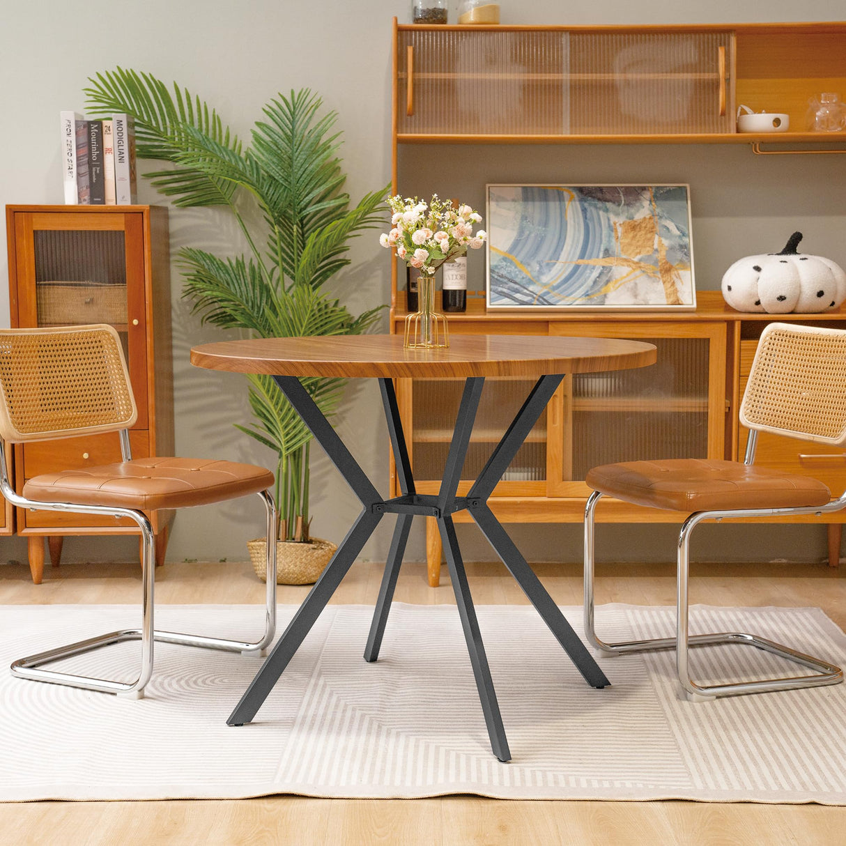 Recaceik 39" Walnut Round Dining Table for 4-6 People with Square Metal Base Recaceik