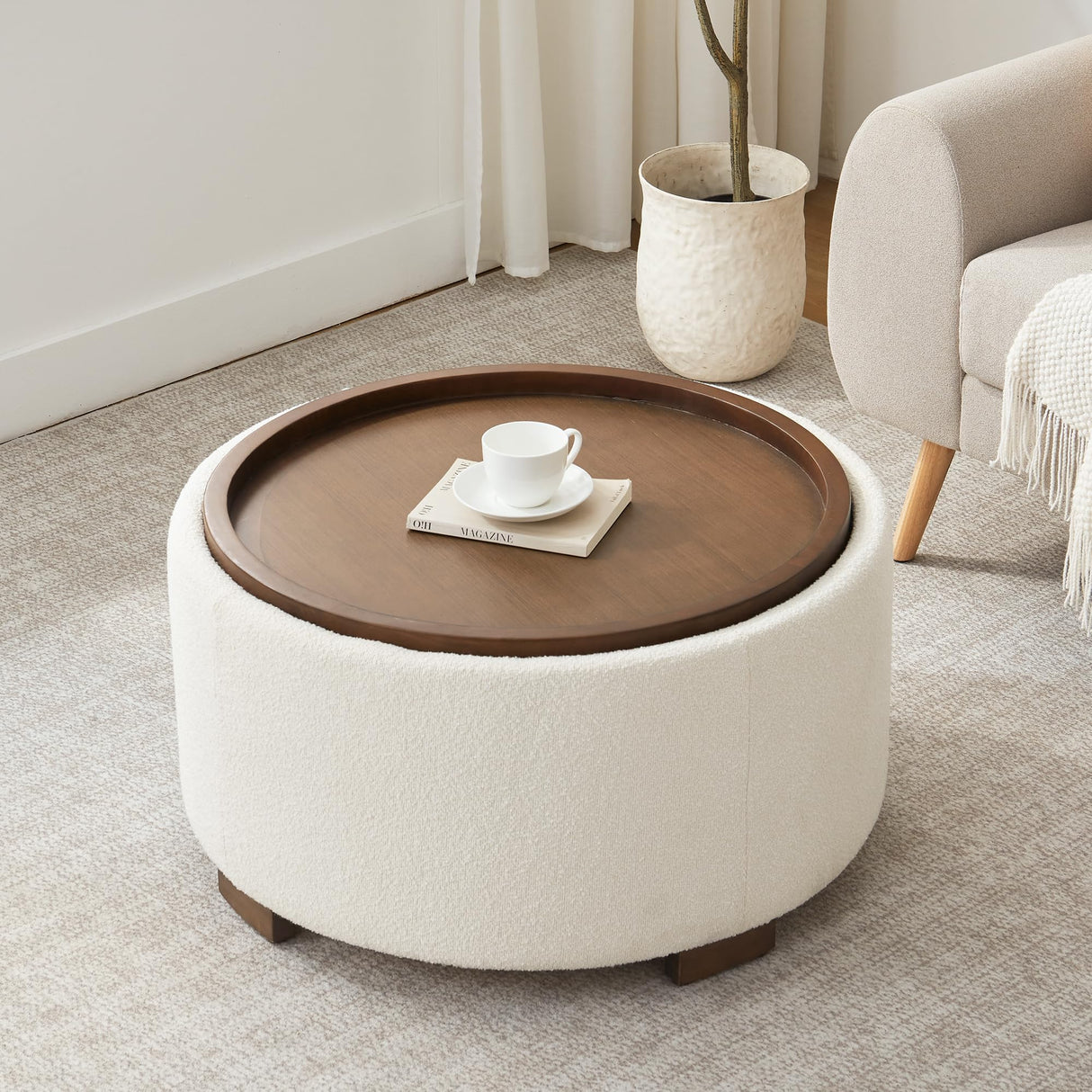 Zihanhome 30 Inch Round Storage Ottoman Coffee Table, Modern Boucle Ottoman with Lift-Off Lid and Solid Wood Legs for Living Room, Bedroom, Corners, Apartments (Beige) Zihanhome