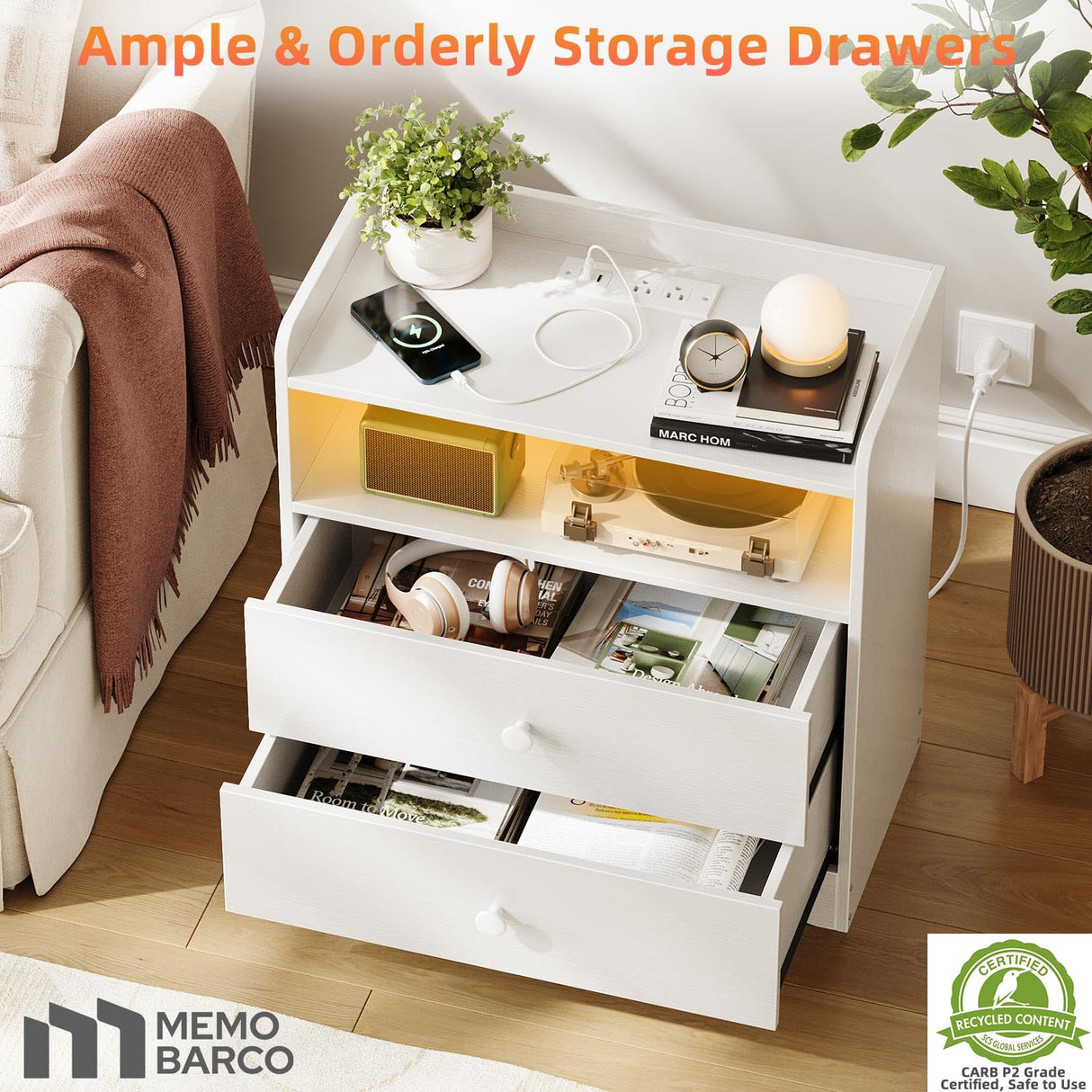 Memobarco Nightstand with Charging Station and LED Light,Modern Nightstand with USB Ports and Outlets,Wood Bedside Tables with 2 Storage Drawers,Small Dresser for Bedroom Small Space,White Memobarco