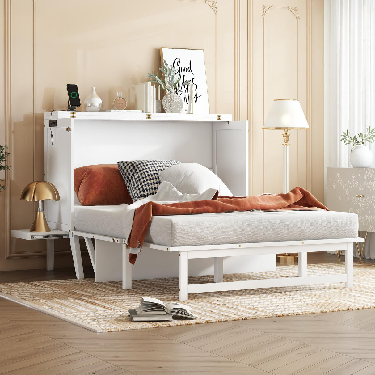 jurmiture Full Size Murphy Bed with USB Port and Removable Shelves on Each Side, Solid Pine Murphy Cabinet Bed for Home Office, Guest Room, White jurmiture