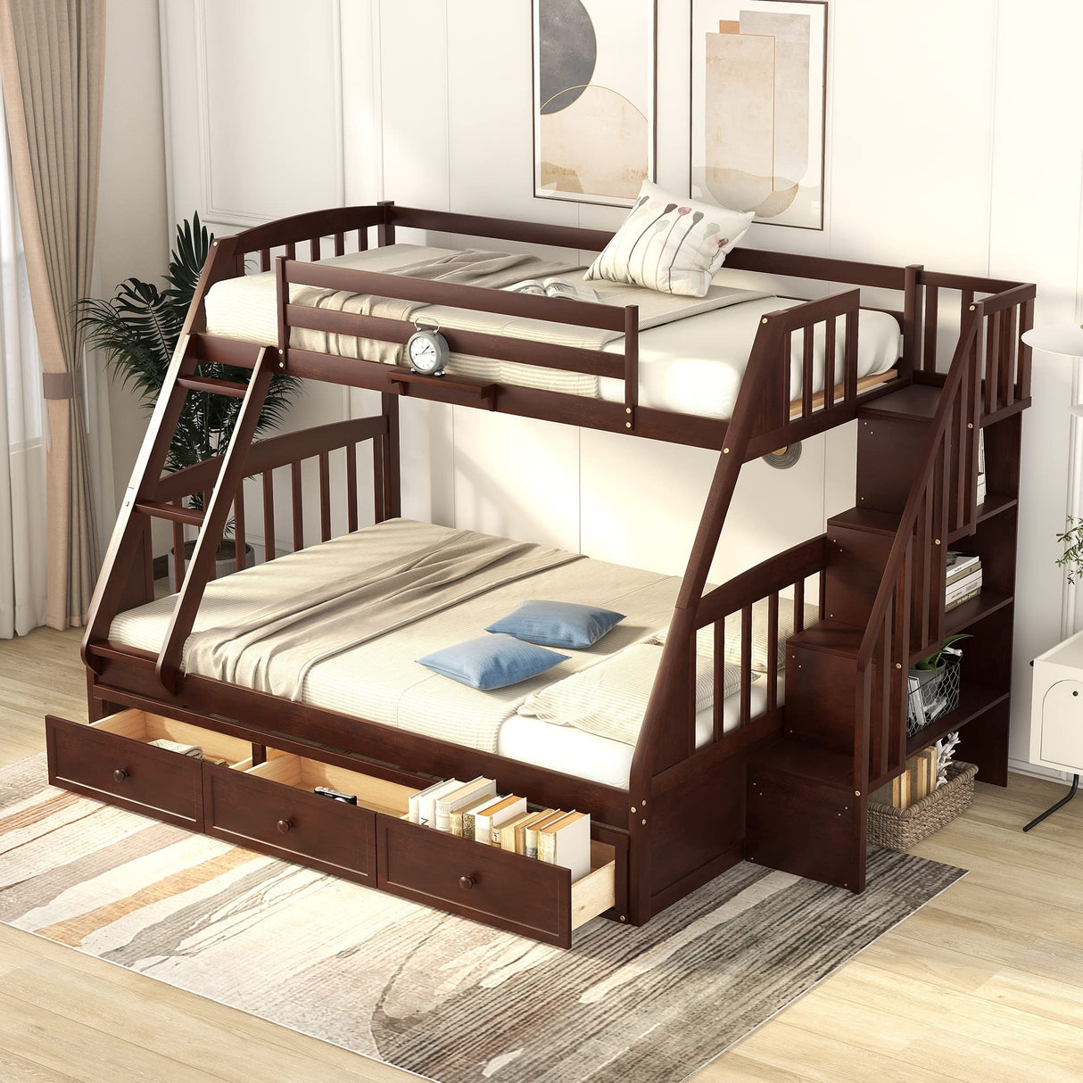 Harper & Bright Designs Espresso Twin-Over-Full Bunk Bed with Stairs, Storage Drawers, and Ladder Harper & Bright Designs