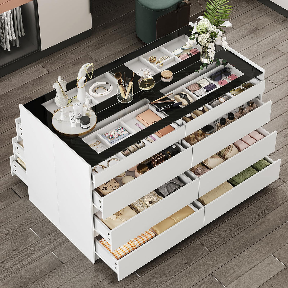 LIVAUVEAD Closet Island with Drawers, 16 Drawers Wardrobe Closet with Glass Top and LED Light,White Island Dresser with Jewelry Organizer for Bedroom & Cloakroom LIVAUVEAD