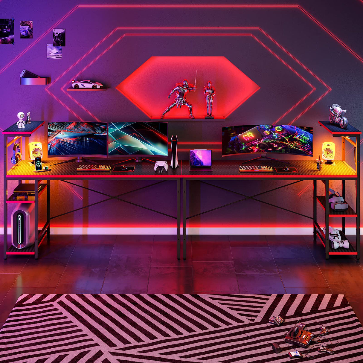 Bestier 61 Inch Gaming Desk with LED Lights, Reversible Shelves, Height Adjustable Shelf, Steel Frame, CARB P2 Class Board, Black Grained Bestier