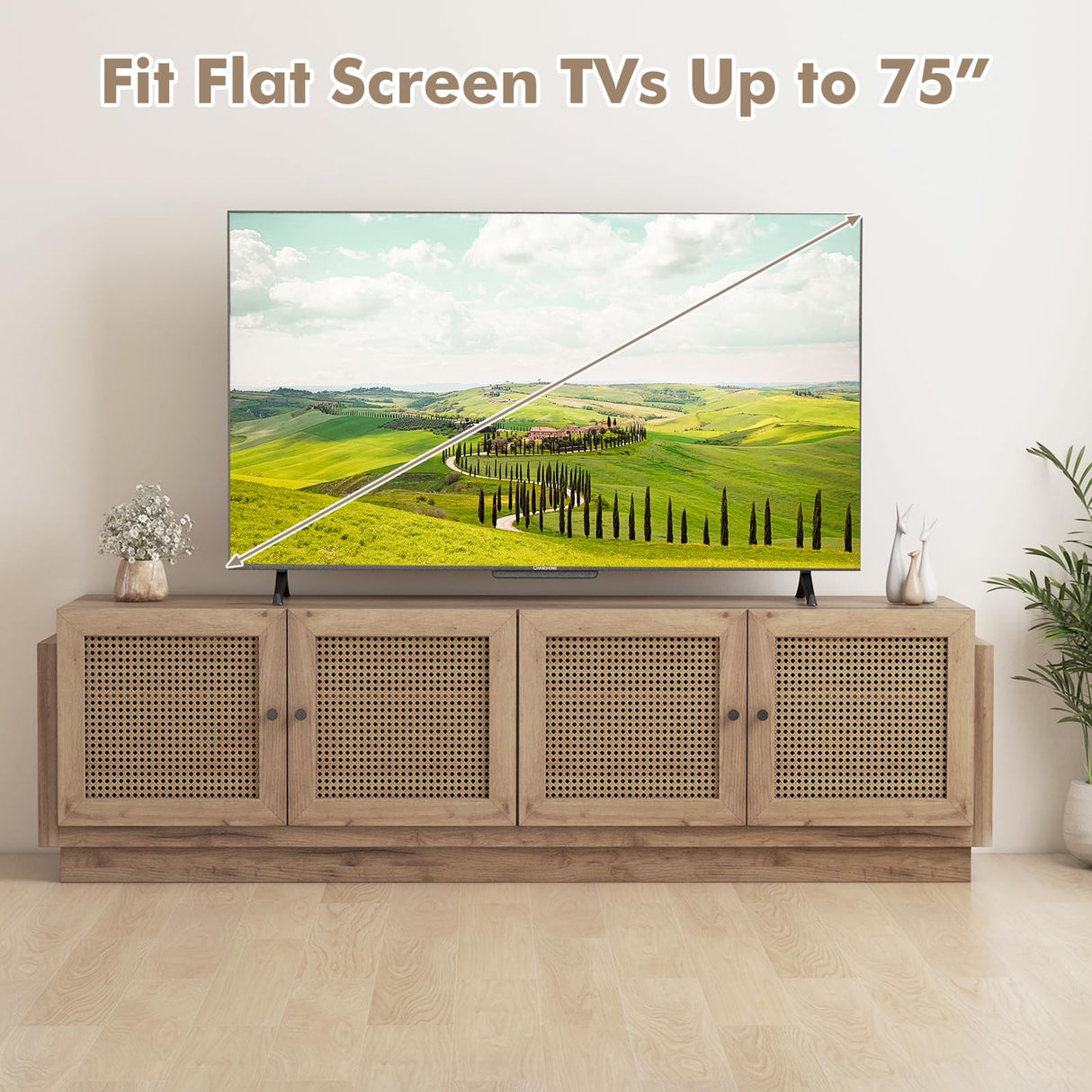 Tangkula Farmhouse TV Stand for TVs Up to 75-Inch, PE Rattan Entertainment Center with Storage and Adjustable Shelves, Mid Century Modern TV Console with 2 Cabinets and 8 Cable Holes for Living Room Tangkula