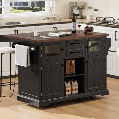 Merax 54.9" Kitchen Island with Drop Leaf, Power Outlet, Rolling Kitchen Storage Cart on 4 Wheels with 4 Door Shelves, Cross Barn Doors & Visual Glass Door for Dining Room,Brown