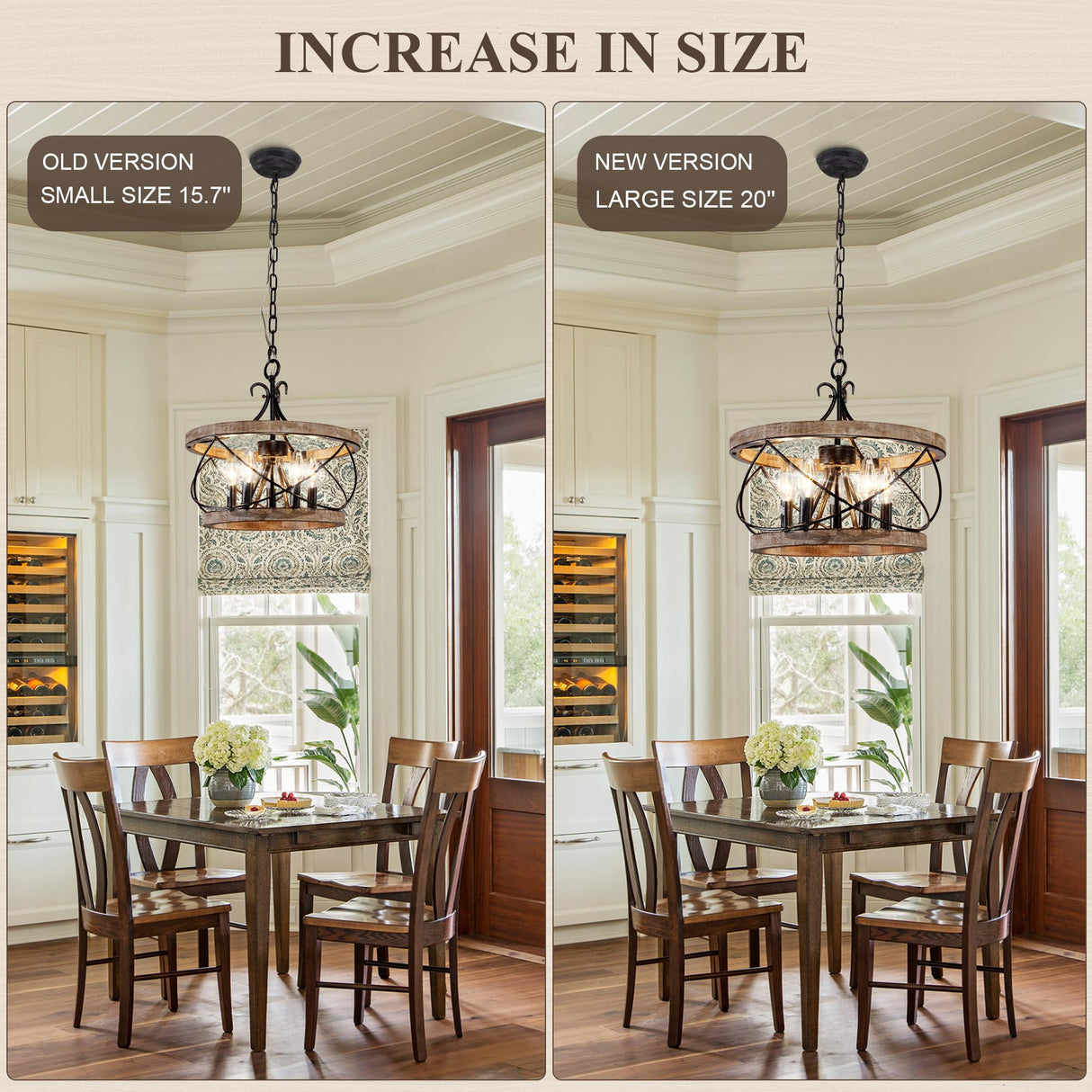 20" Farmhouse Chandelier, 5-Light French Country Drum Chandelier Over Table, Wood Chandelier for Kitchen Island Dining Room Entryway Chords Attic