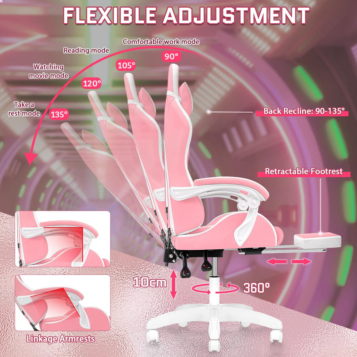 Gaming Chair with LED Lights Massage Ergonomic Video Game Chairs with Footrest High Back Reclining Computer Chair with Lumbar Support Adjustable Footrest Pink and White VANSPACE
