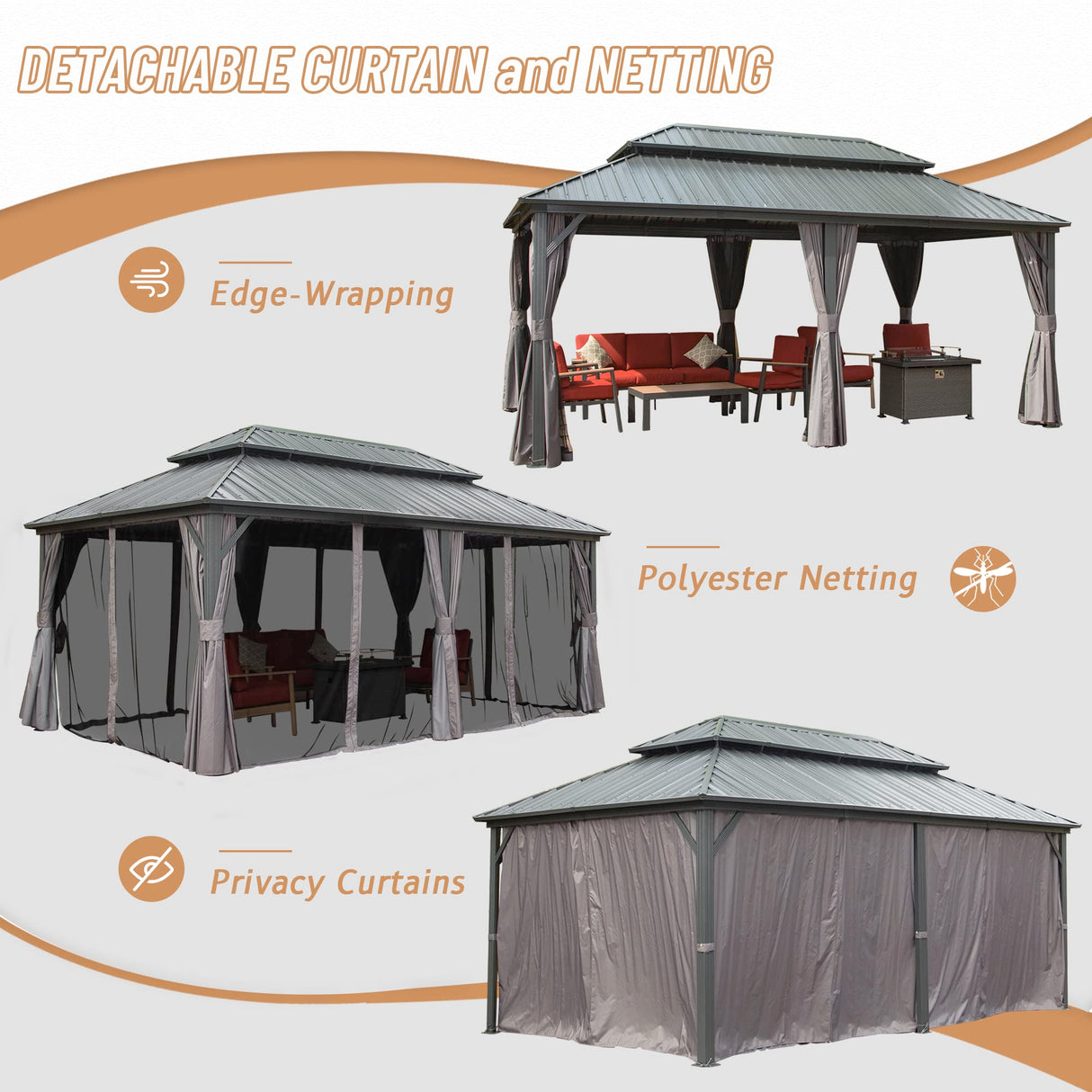 Domi 12' x 20' Hardtop Gazebo Permanent Metal Gazebo with Galvanized Steel Double Roof, Curtains and Netting for Patio, Backyard, Deck, Lawn, Grey domi outdoor living