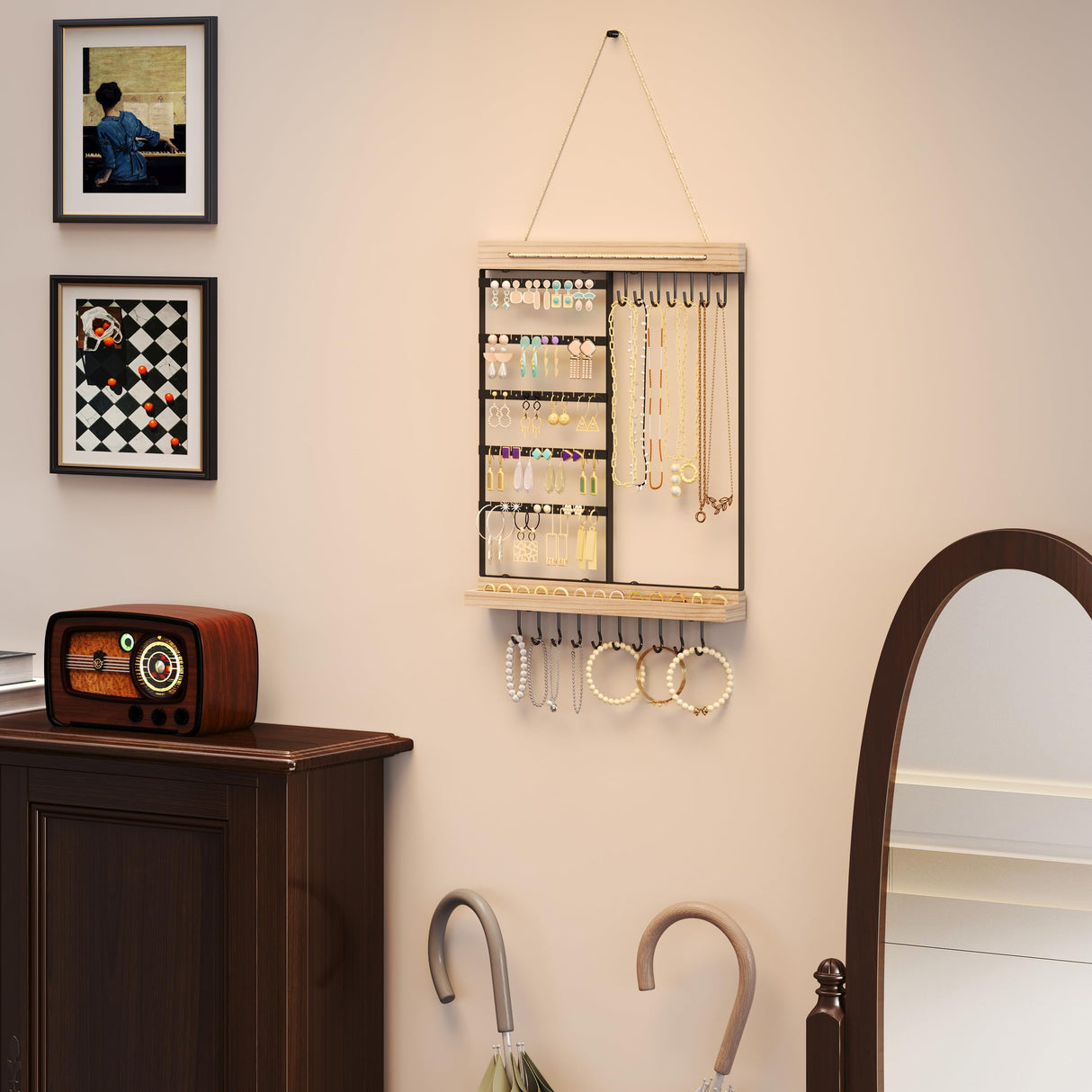 Feyejade Hanging Jewelry Organizer, 5-Tier Wall Earring Holder with Wooden Ring Groove, Jewelry Rack Wall Mounted for Earrings, Necklaces, Bracelets and Rings, Jewelry Holder Stand,Black Feyejade