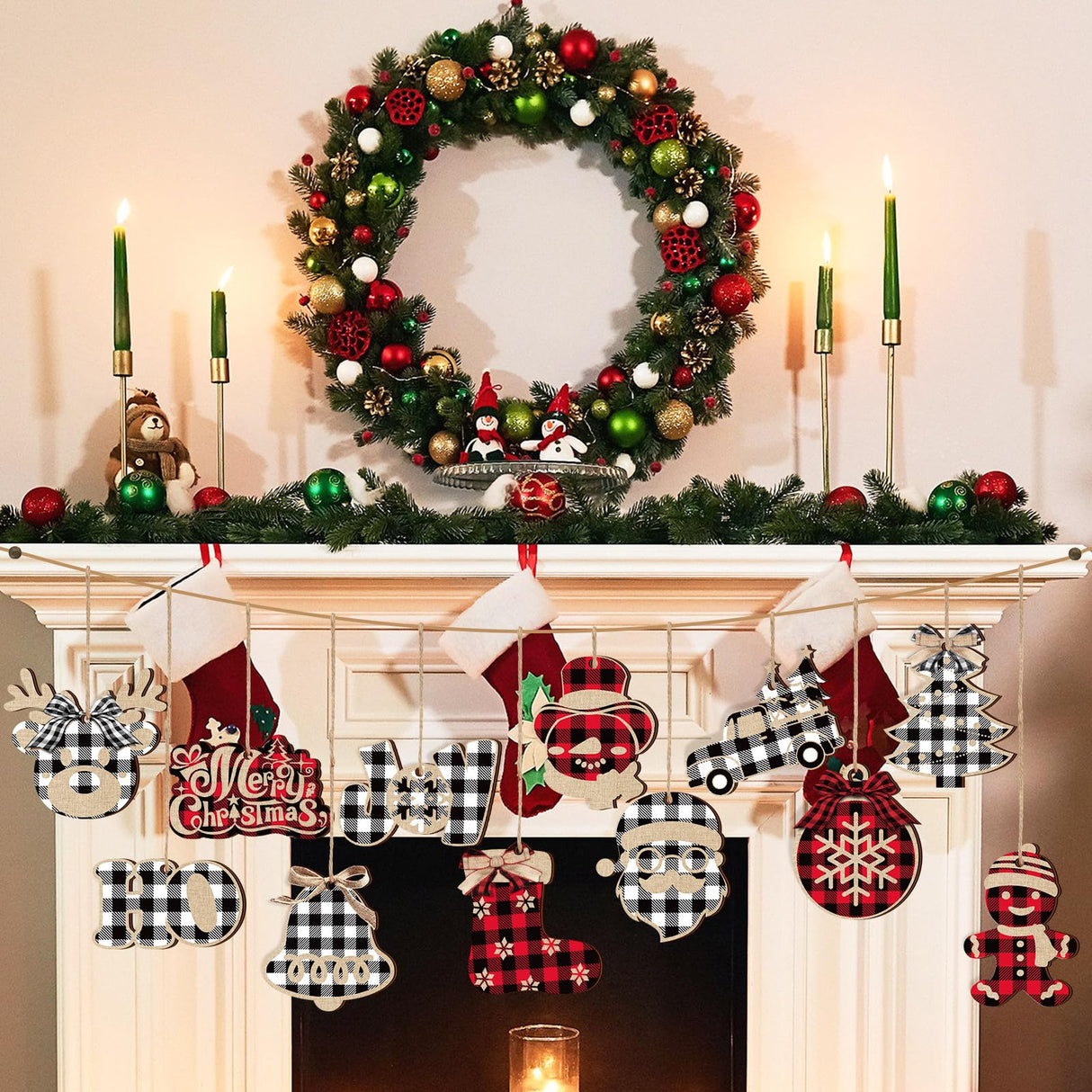 36 Pieces Christmas Buffalo Plaid Hanging Ornaments Christmas Tree Wooden Hanging Decor Wooden Christmas Ornaments Snowflake Reindeer Snowman Plaid Christmas Decor, 12 Styles (Black Red, Black White) BBTO
