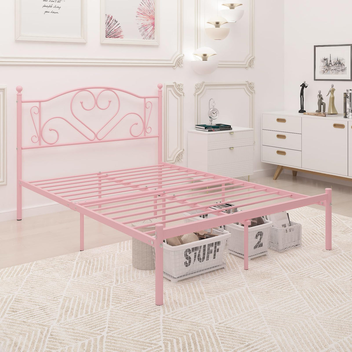 Weehom Full Size Bed Frame with Headboard, Heavy Duty Metal Platform Under Bed Storage Space No Box Spring Needed, Pink Weehom