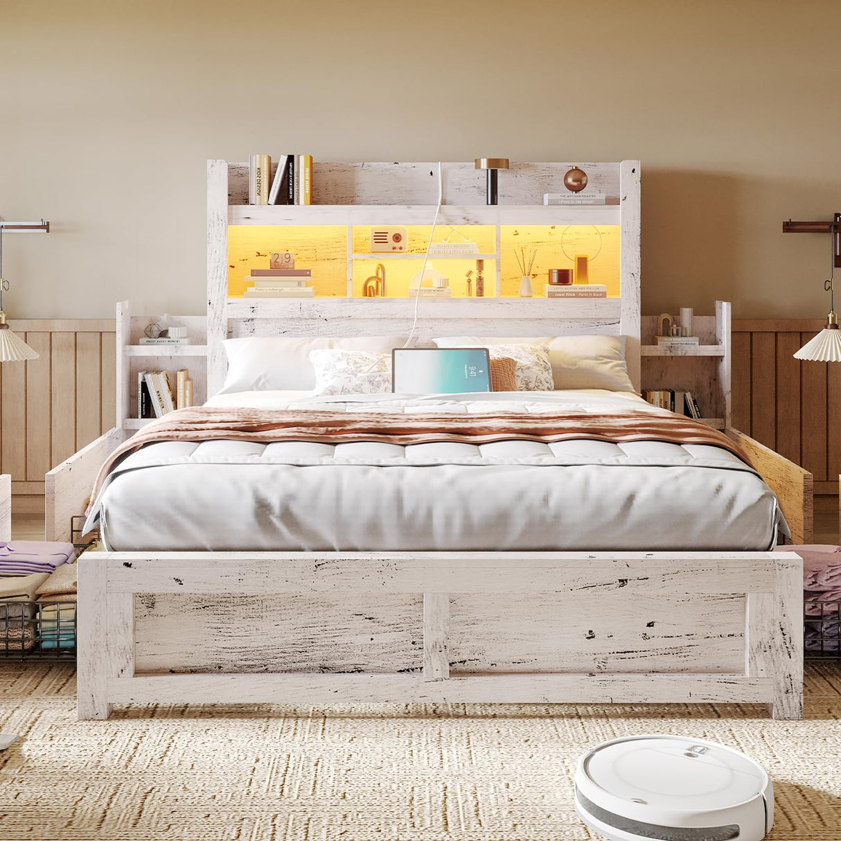 LUXOAK Full Bed Frame with 49.6" Bookcase Headboard & 2 Detachable Bedside Stoage Racks & 4 Drawers, Farmhouse Wood Bed Frame with RGB LED & Charging Station, No Box Spring Needed, Distressed White LUXOAK