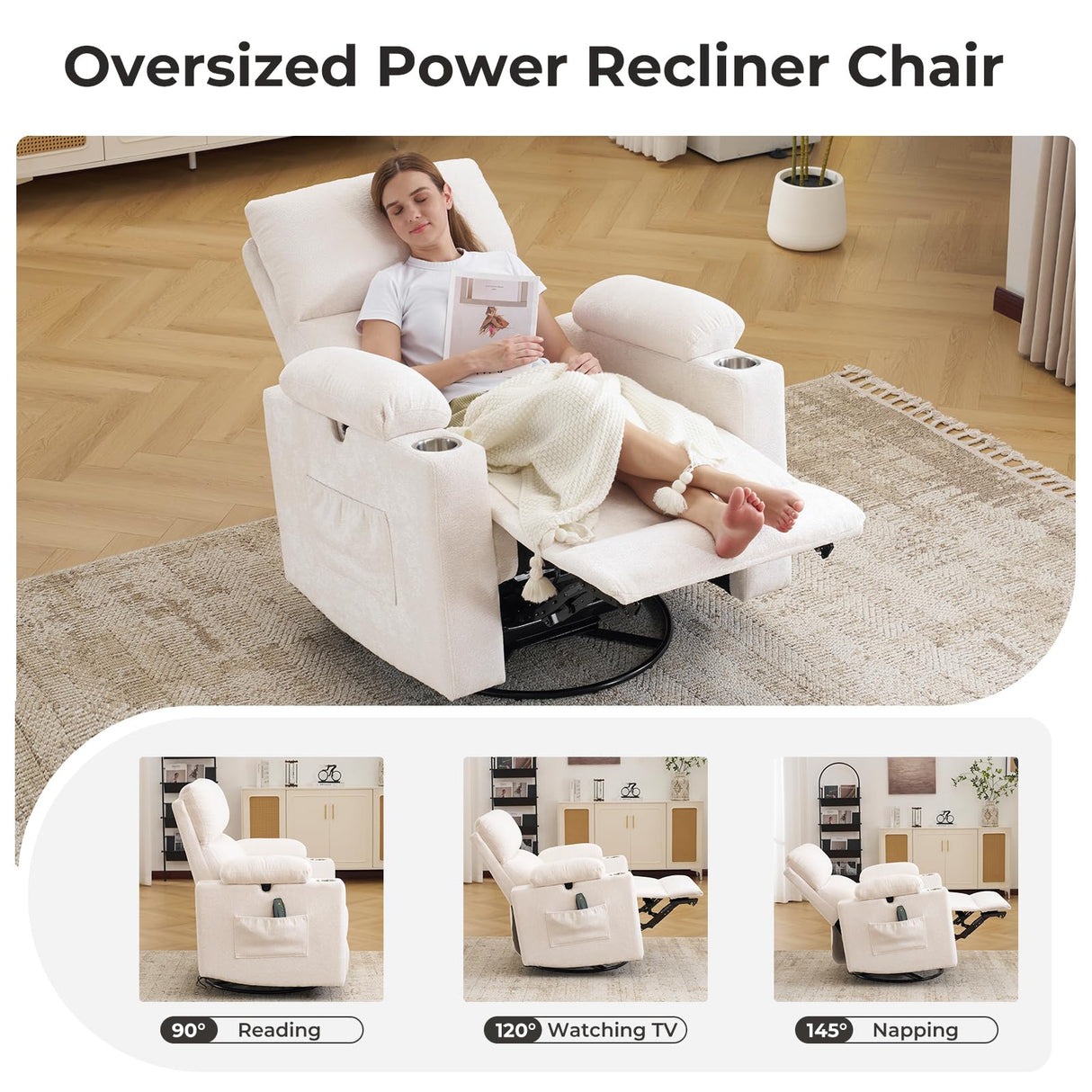 Rocking Chair Nursery with Adjustable Armrests, Electric Glider Recliner Nursing Chair for Breastfeeding, Power Swivel Recliner Chairs with Massage and Heat, Adjustable Headrest , FSC Certified, White Rhevoy
