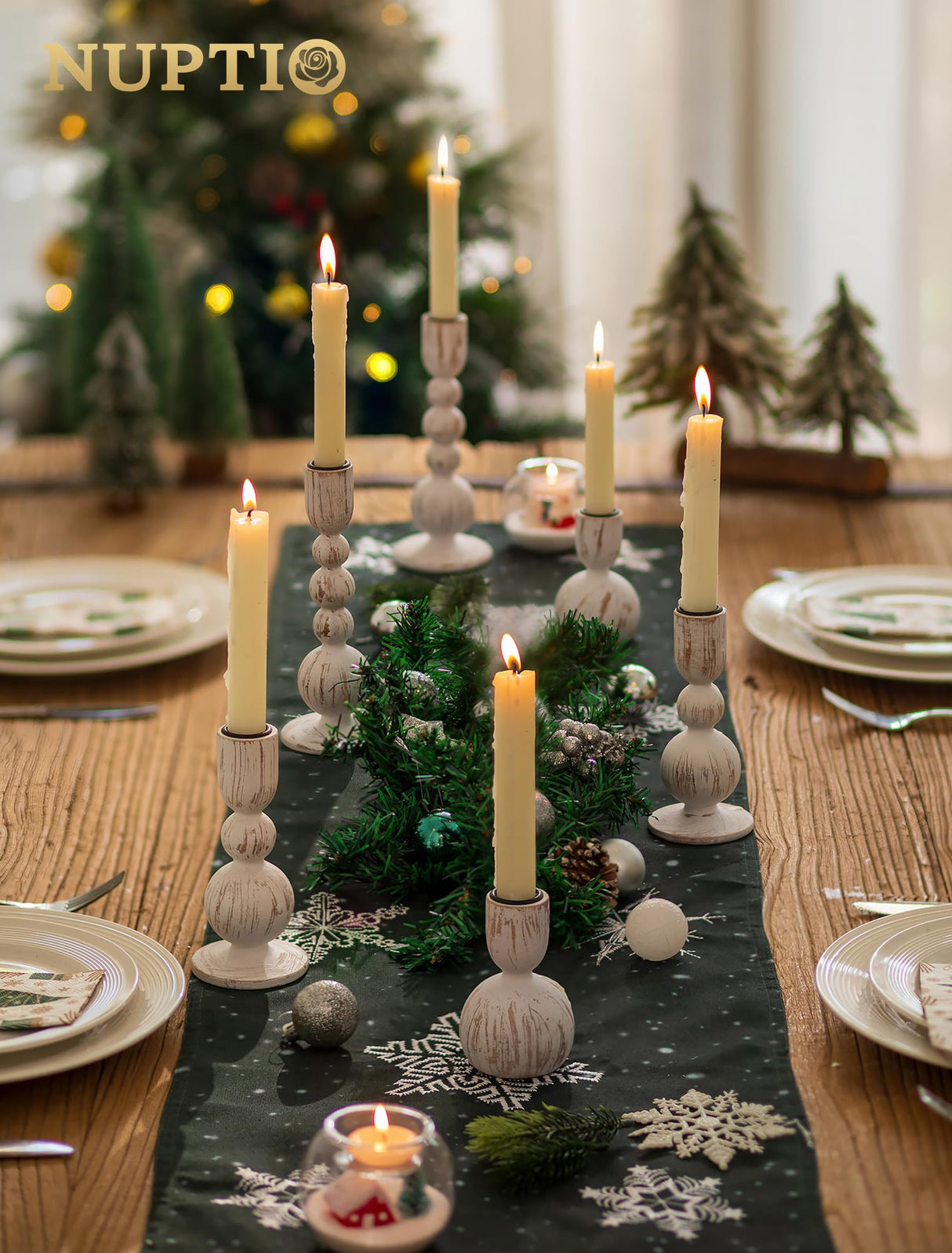 NUPTIO Taper Candle Holders Decor: Set of 3 Wooden Candlestick Holders Mantel Decor - Boho Farmhouse Rustic White NUPTIO