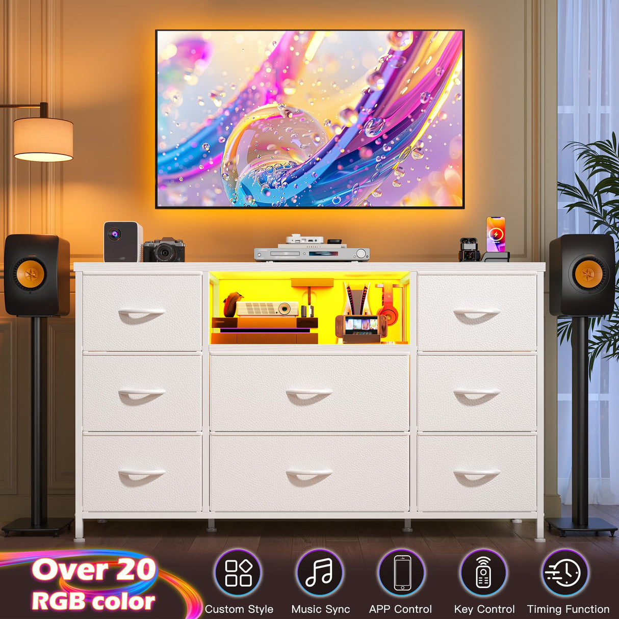 White Dresser TV Stand for 55'' with LED Lights & Charging Station, Dresser for Bedroom with 8 Drawer, Chest of Drawers with Open Shelves, 6 Adjustable Feet, Hallway, Entryway EnHomee