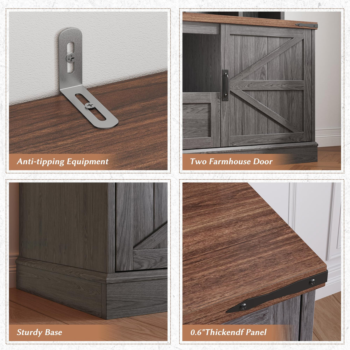 Entertainment Center with 2 LED Lights & Power Outlets, Large Farmhouse Wall Unit Entertainment Center for 60 Inch Television Stand, TV Stands for Living Room with Storage Shelf, Dark Grey EnHomee