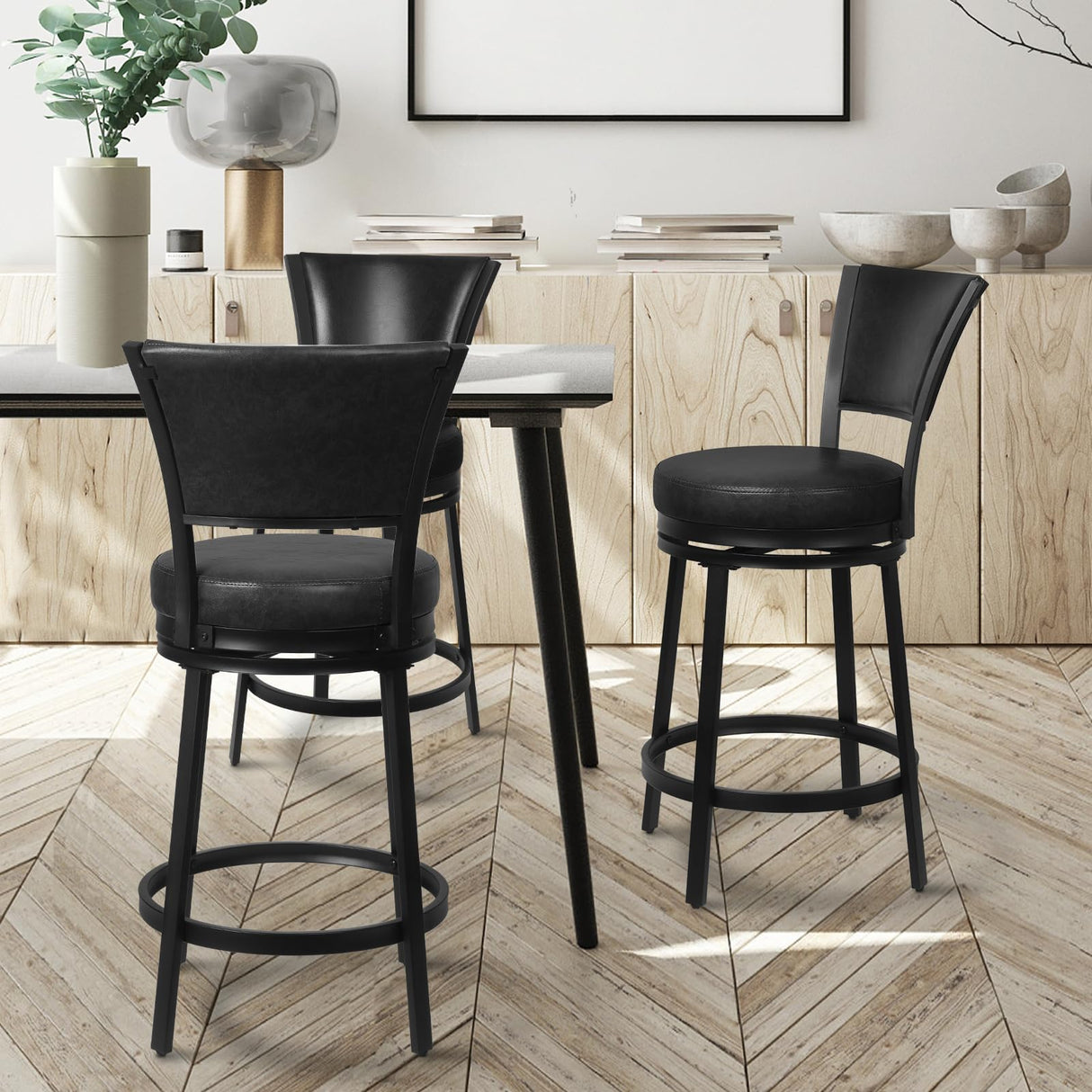 FLYZC Bar Stools, Counter Height Barstools Set of 2, 25" Faux Leather Metal Round Swivel Bar Chairs with Back, Modern Upholstered Counter Stools for Kitchen Island, Black FLYZC