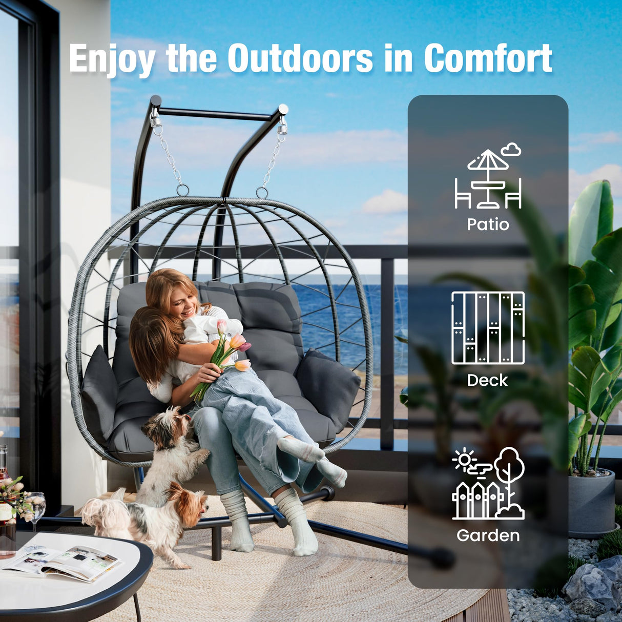 Pamapic Double Egg Chair wth Stand, 700 LBS Loveseat Rattan Swing Chair, UV Resistant Cushions with Armrests and Headrest, Thick Steel Frame Hammock Swing for Outdoor, Patio, Indoor(Grey) Pamapic