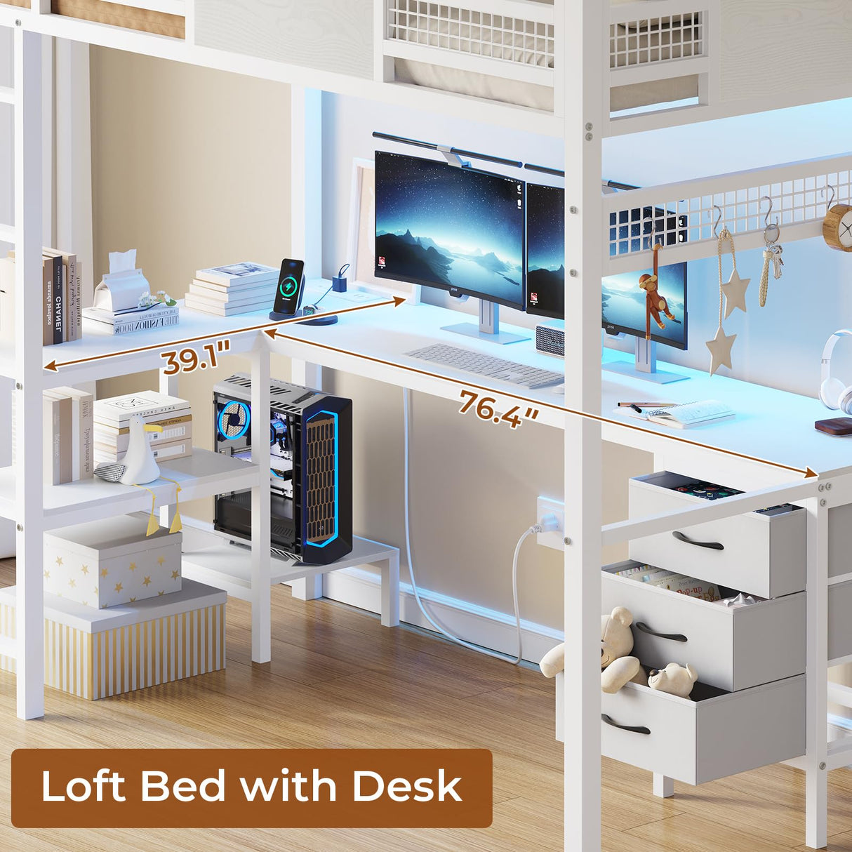 BTHFST Twin Loft Bed with L-Shaped Desk, LED Lights, Charging Station & Storage Solutions BTHFST