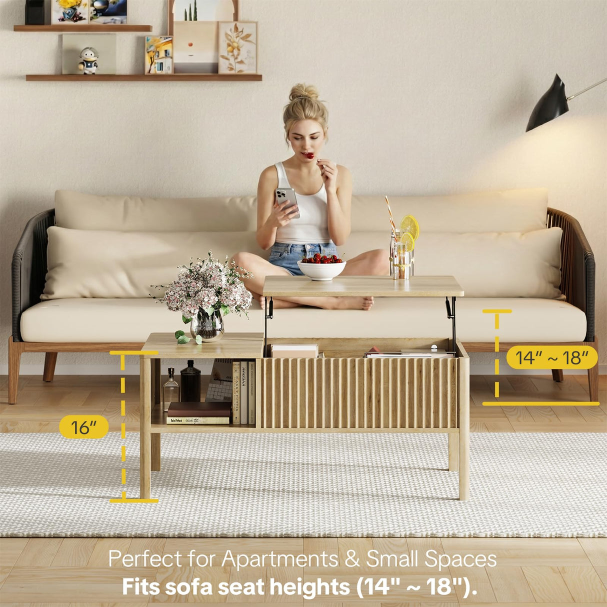Fluted Lift Top Coffee Table for Living Room, Small Coffee Table with Storage Hydraulic Lift Large Capacity, Sturdy Legs Safe Round Corner, Easy Assembly for Small Spaces, Vertical Grain-Natural RUMBALUXY