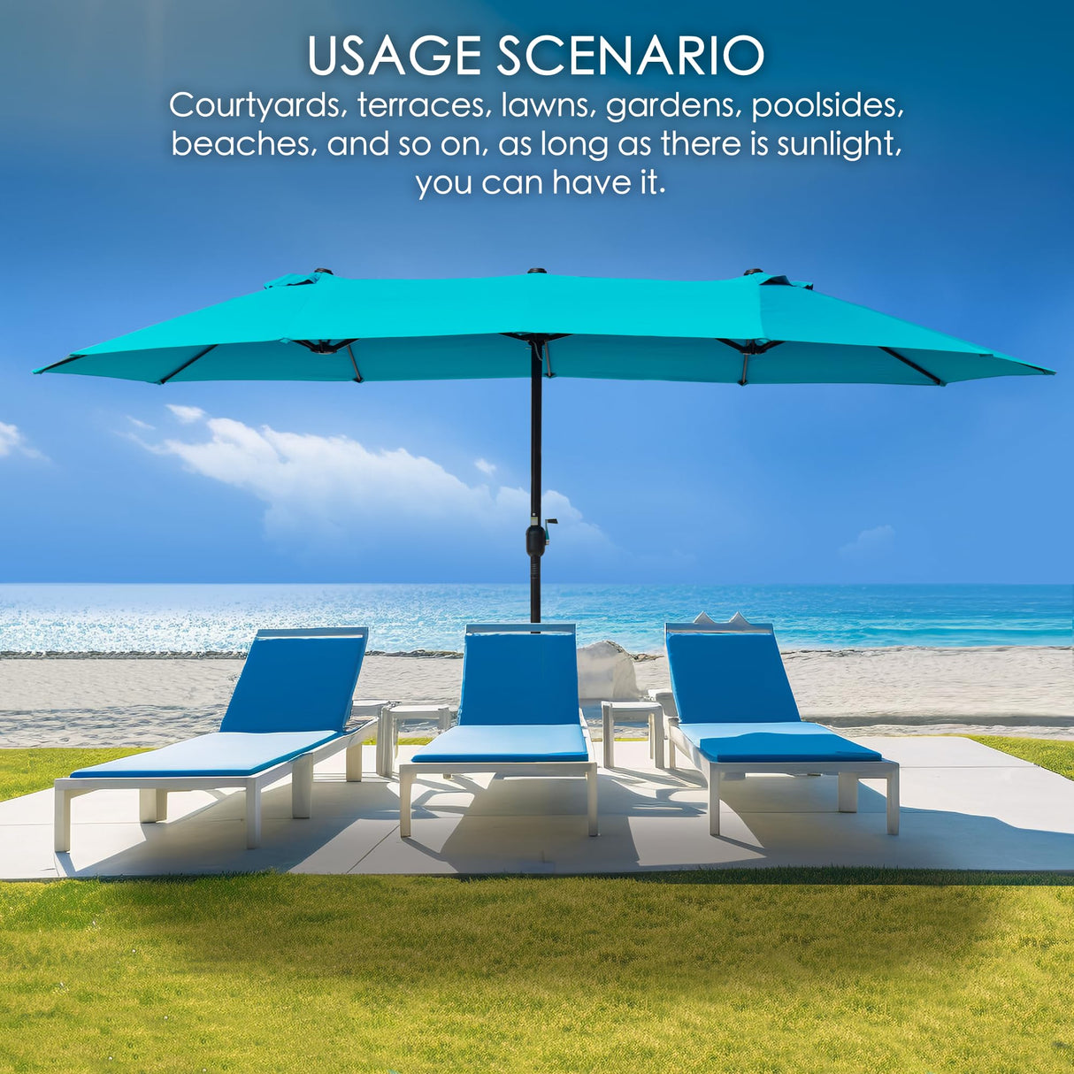 15ft Rectangle Patio Umbrella, Double-Sided Outdoor Market Umbrella with Crank Handle and Base for Pool, Garden, Backyard, Lawn (Blue W/O SolarLights) Kozyard