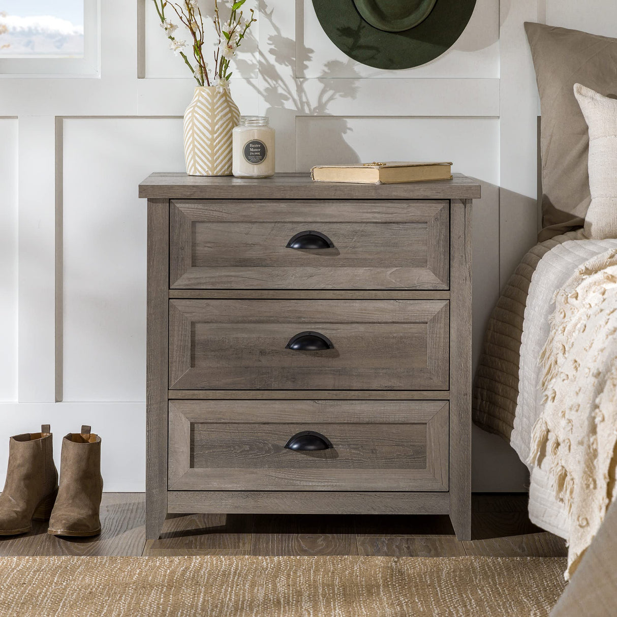 Walker Edison Hazel Modern Farmhouse 3 Drawer Framed Nightstand with Half-Moon Handles, 25 Inch, Grey Wash Walker Edison