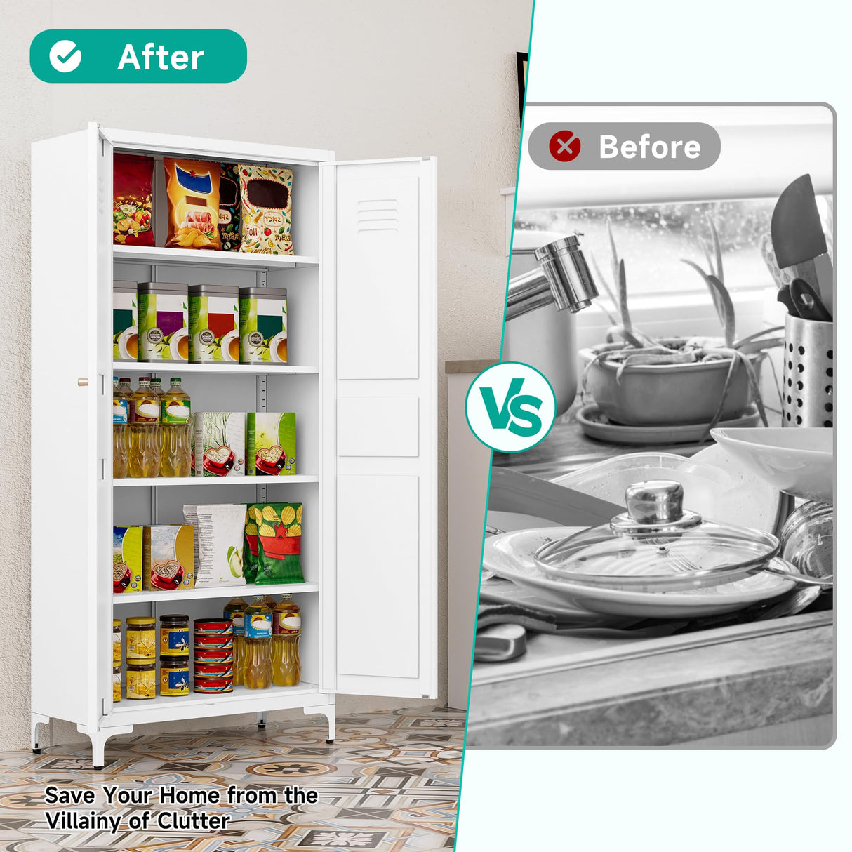 Metal Storage Cabinet with Doors and Shelves,White Storage Cabinet,Food Pantry Storage Cabinet,5 Tier Metal Pantry Cabinet,Tall Large Closet Cupboard for Home,Kitchen,Dining/Living/Laundry Room SISESOL