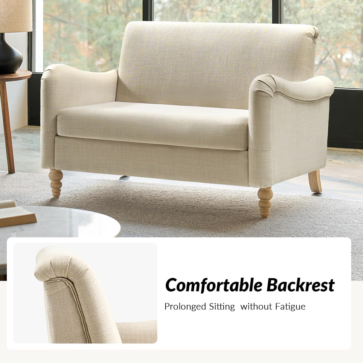 HULALA HOME 50.5" Loveseat Sofa with Stripe Pattern, 2 Seater Farmhouse Sofa with Rolled Wide Armrests and Rubber Wood Legs, Comfy Upholstered Small Couch for Living Room Bedroom, Linen HULALA HOME