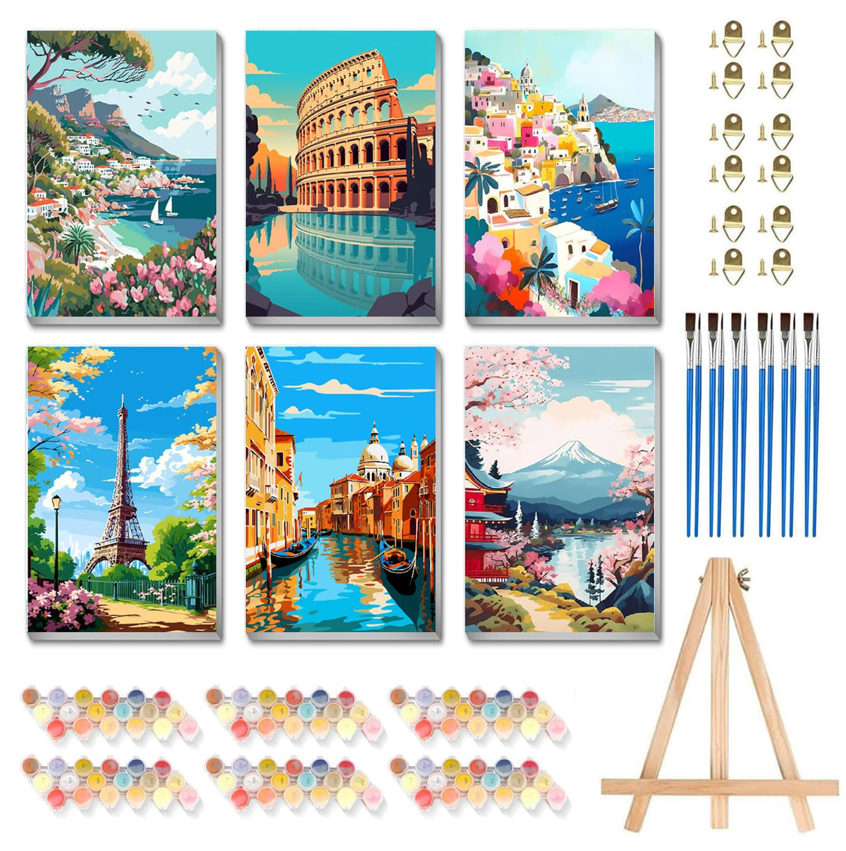 6 Pack Framed Paint by Numbers Kit for Adults - with Wooden Easel, Landscape Paint by Numbers Kit for Adults Framed, DIY Famous Landmarks Paint by Numbers with Frame for Home Wall Decor 8x12 Inch askkqtx