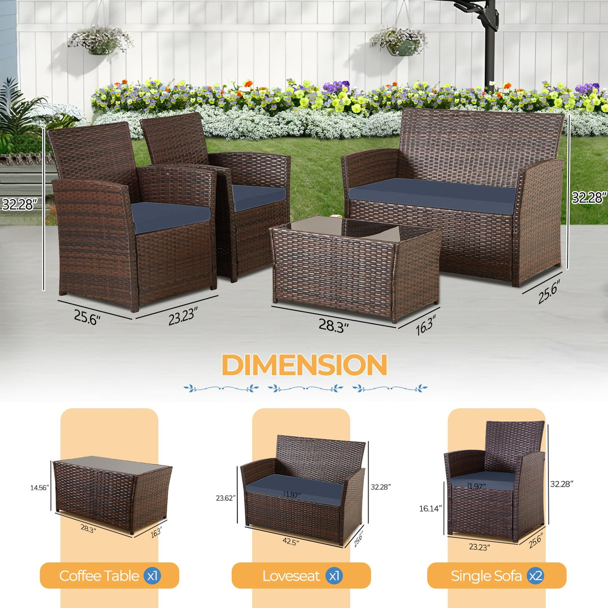 FHFO 4 Piece Outdoor Patio Furniture Sets, Wicker Sectional Conversation Sofa Set, Rattan Table and Chairs and Loveseat with Cushions for Outside Balcony Porch Backyard (Brown-Blue) FHFO