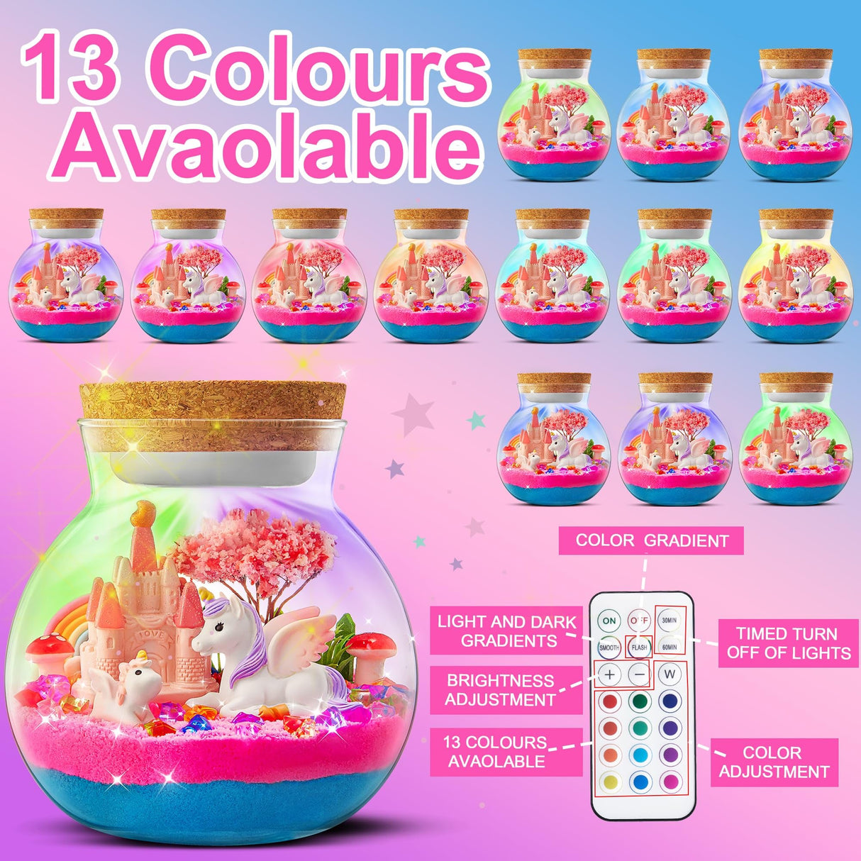 Light-Up Unicorn Terrarium Kit for Kids: LED Night Light Up & Remote Birthday Gifts for Girl Ages 4 5 6 7 8-12 Year Old Unicorn Toys for Girls Age 4-6 - Arts and Crafts Meijoy