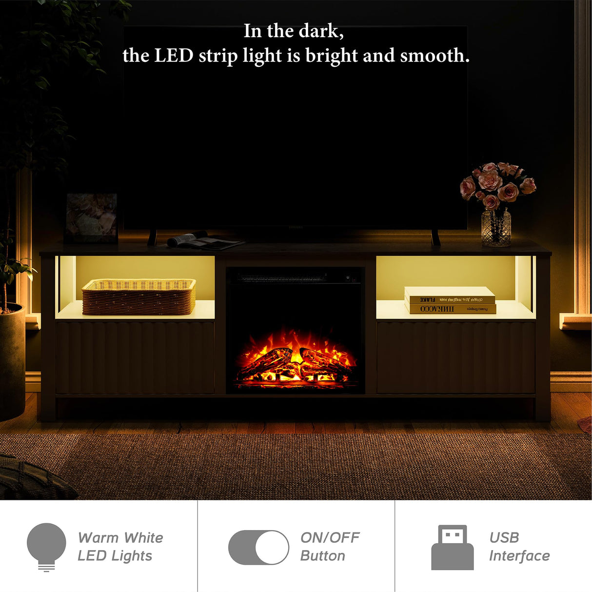 WAMPAT Fireplace TV Stand for 75 Inch TV, White Entertainment Center with LED Light, Modern TV Console Table for 80/70/65 inch TV with 4 Storages for Living Room, 70 Inch WAMPAT