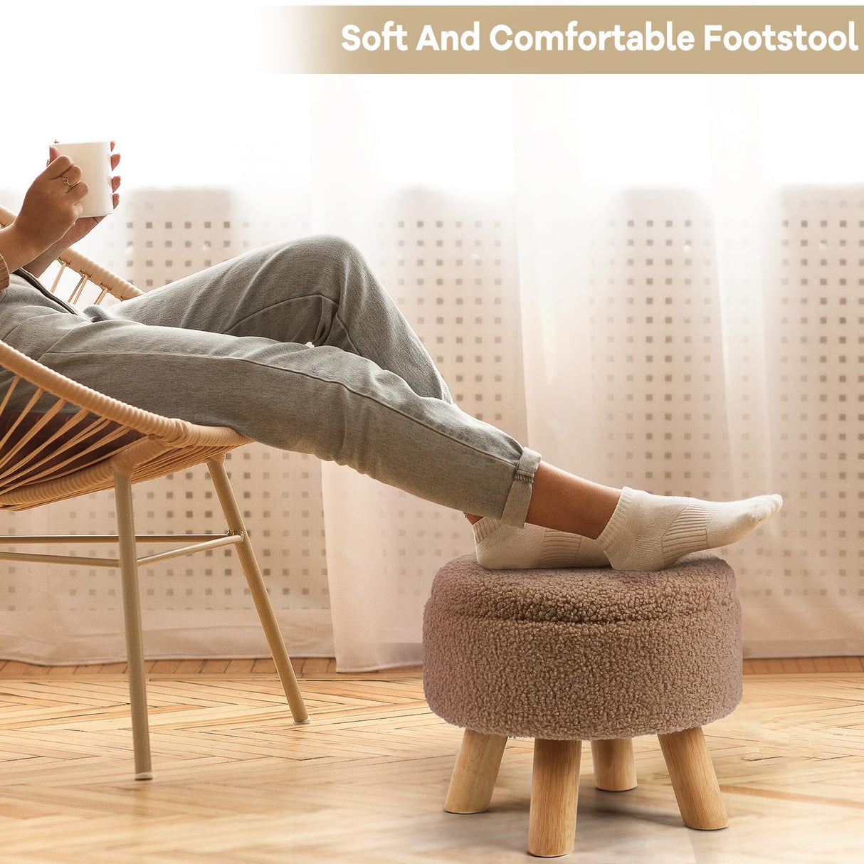 OGEMXU Storage Ottoman, Round Small Ottoman with Storage, Teddy Velvet Foot Stool with Wood Legs, Foot Rest for Chair, Soft Sponge Footstool for Living Room, Couch, Bedroom (Camel Brown) OGEMXU