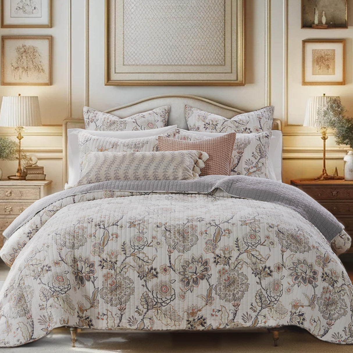 Levtex Home - Ophelia Quilt Set - King Quilt and Two King Shams - Floral - Taupe Grey Cream Blush - Quilt (106x92in.) and Shams (20x36in.) - Reversible - Rayon/Cotton Levtex Home