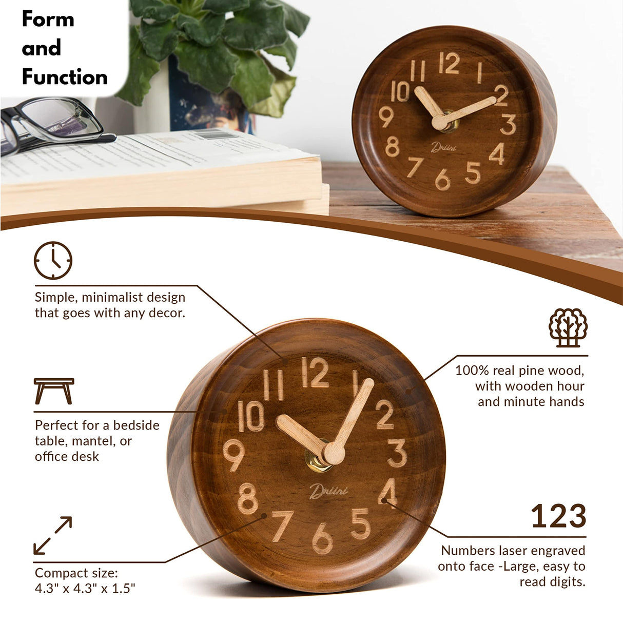 Driini Wooden Analog Desktop Clock – 4.3 in. Decorative Pinewood Clock, No-Tick Design – Easy to Read Silent Sweep Mantle Clock – Quiet Tabletop Clocks with Wood Body, Hands, & Battery Cover; Dark Driini
