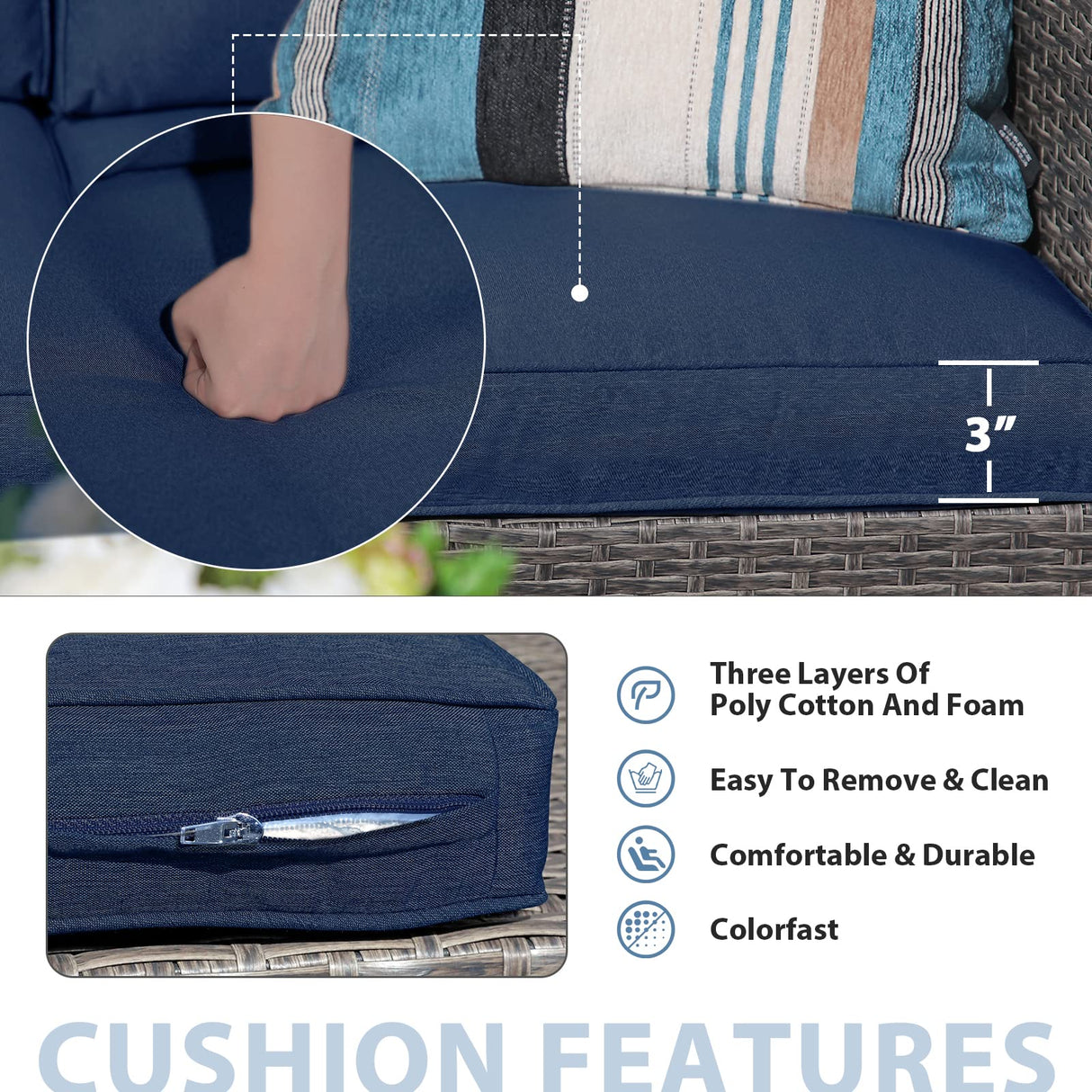 JOIVI Patio Furniture Set, 4 Piece Outdoor Patio Conversation Set, All-Weather PE Rattan Wicker Sectional Patio Sofa Set with Tempered Glass Coffee Table for Family Gatherings, Navy Blue JOIVI