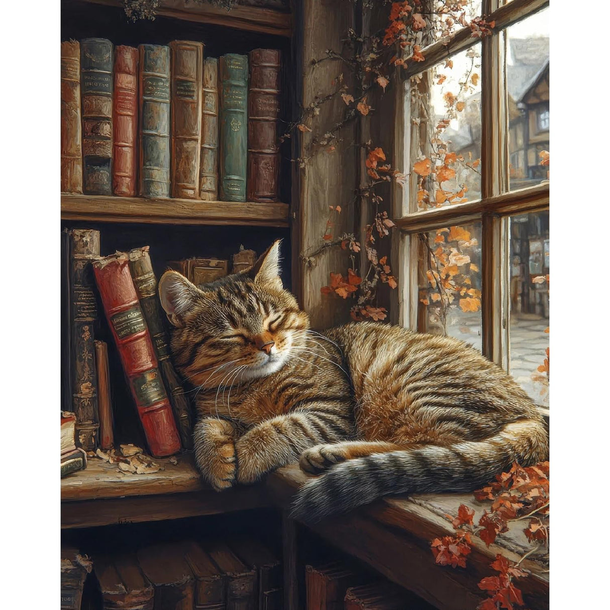 Sleeping Cat Paint by Numbers Kit for Adults - Bookshelf Paint by Numbers for Adults Beginner, DIY Acrylic EasyPainting by Number on Canvas Home Wall Decor 16”W x 20”L Clendo